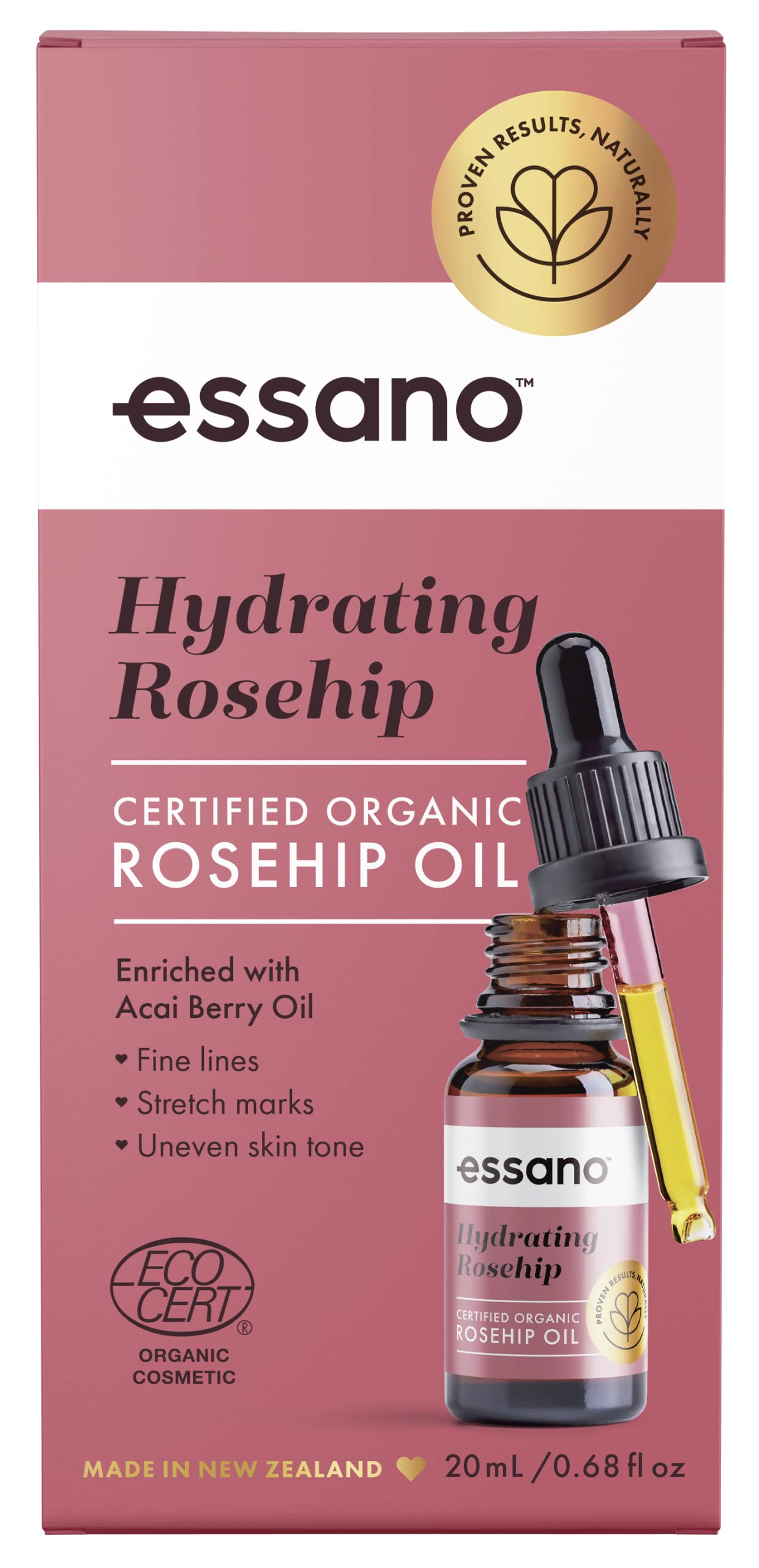 Essano Certified Organic Rosehip Oil with Antioxidant Acai Berry, 20ml (0.67oz)