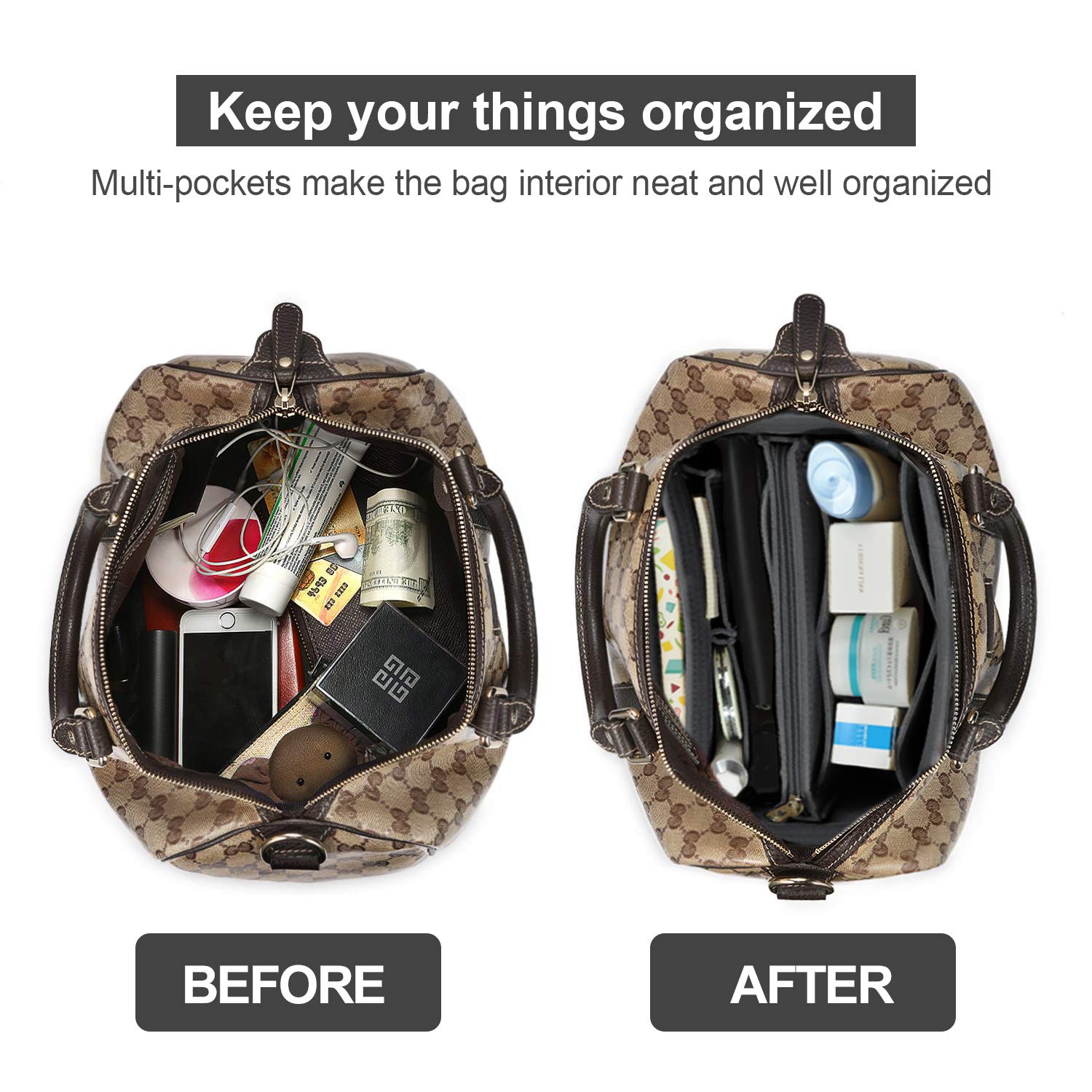 OMYSTYLE Darkgrey X-Large Purse Organizer Insert for Handbags, Felt Bag Organizer for Tote & Purse, Tote Bag Organizer Insert wi