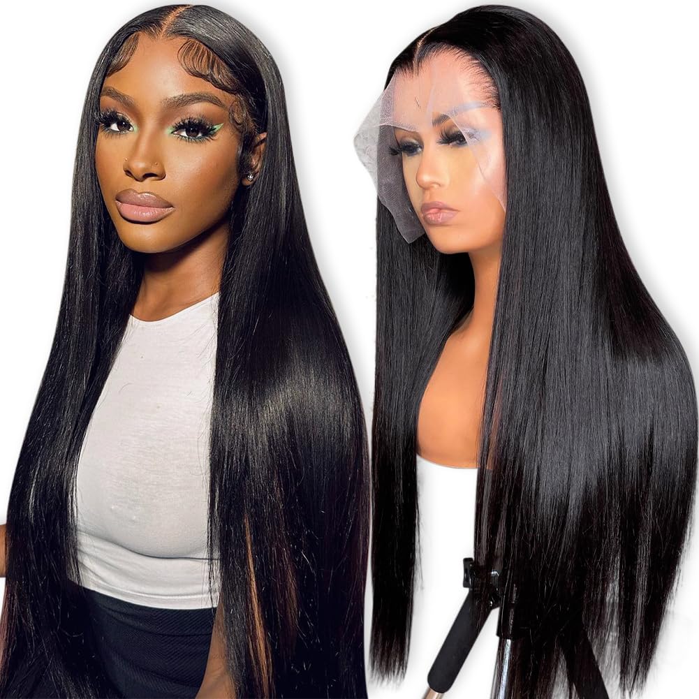 Flady 26 inch Straight HD Lace Front Wigs Human Hair Pre Plucked Bleached Knots 180% Density 13x4 Transparent Lace Frontal wigs 