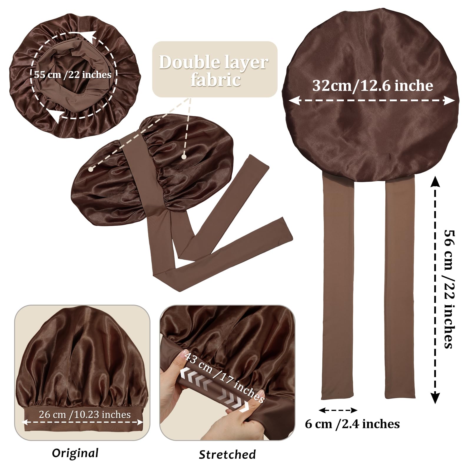 Awaytr Satin Bonnet For Women, 2-Layer Large Sleep Cap With Adjustable Drawstring, Brown Includes 3 Hair Scrunchies