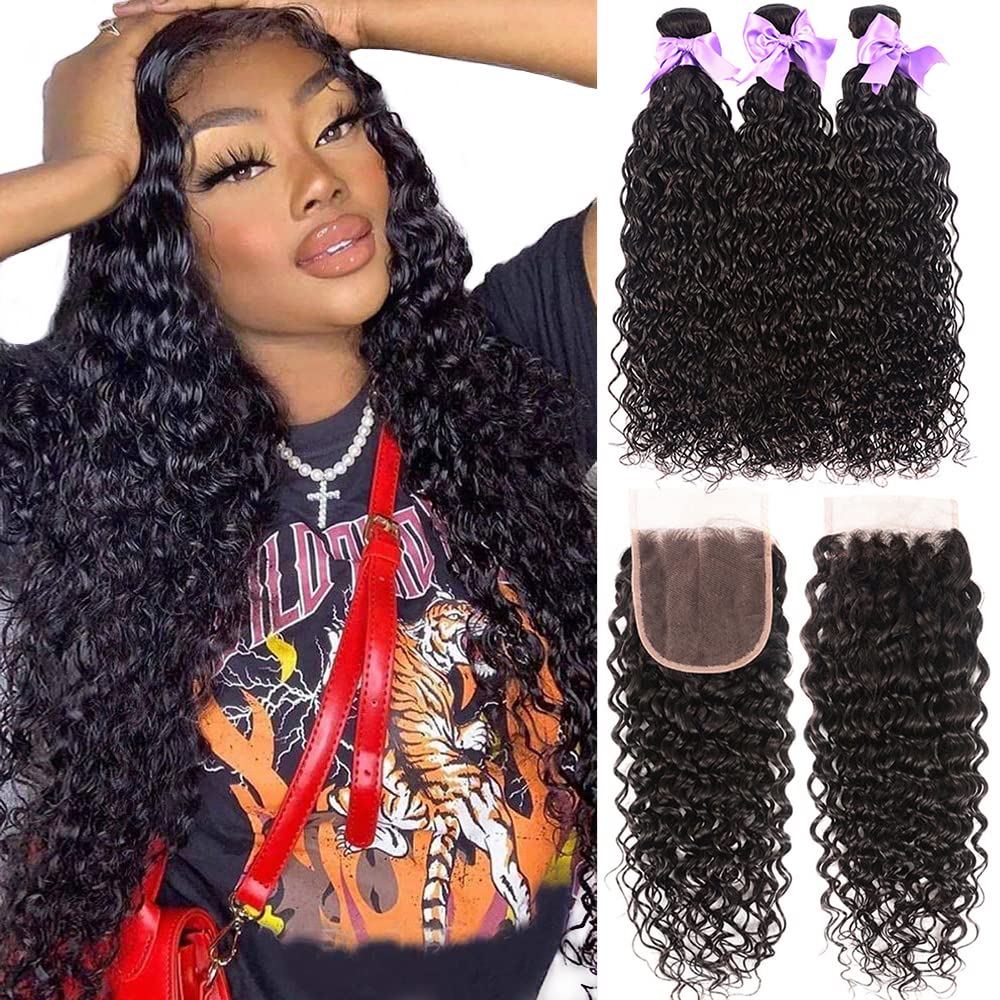 8A Brazilian Virgin Human Hair Water Wave Bundles With 4Inch X 4Inch Lace Closure 100% Human Hair (14 16 18+12 Closure, Free Par