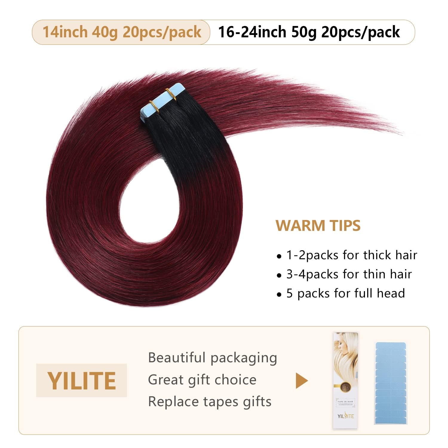 Yilite Tape In Hair Extensions Human Hair Ombre Jet Black To Red Ombre Skin Weft Human Hair Extensions Tape In Remy Hair Extensi
