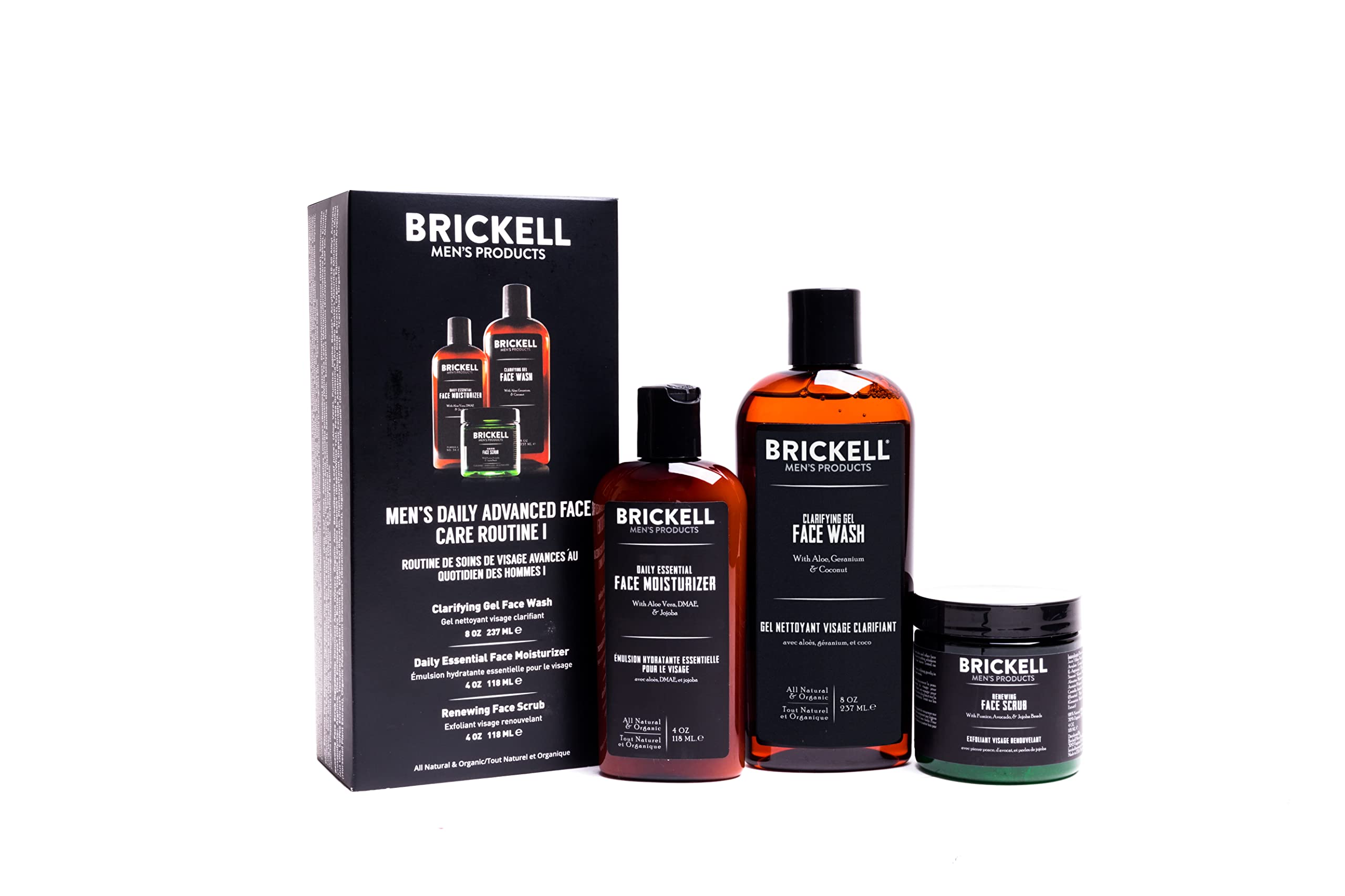 Brickell Men's Daily Advanced Face Care Routine I, Gel Facial Cleanser Wash, Face Scrub, Face Moisturizer Lotion, Natural and Or