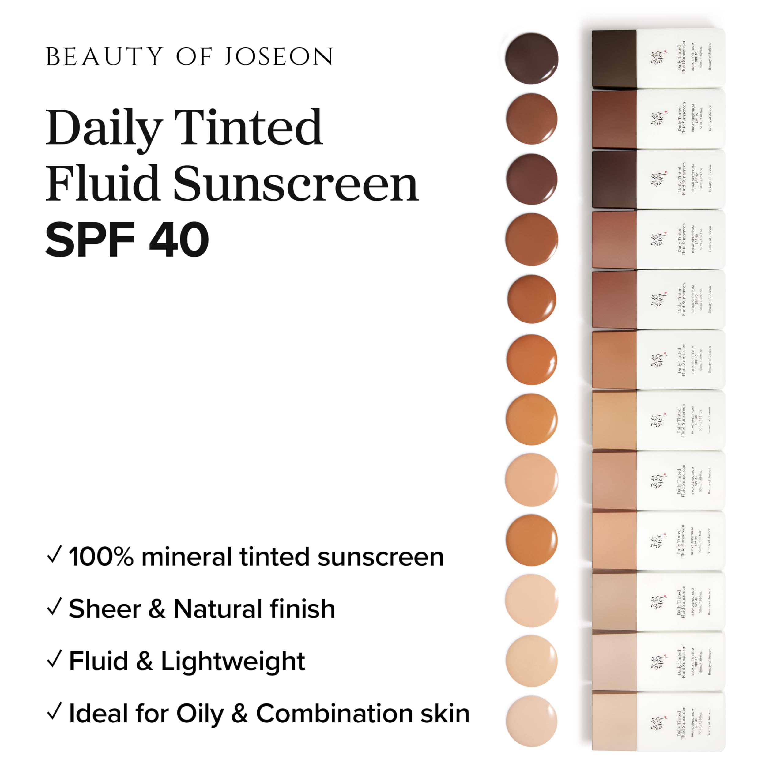 Beauty of Joseon Daily Tinted Fluid Sunscreen 12 Shades for Face Moisturizing Broad Spectrum SPF 40 Korean Skincare 50ml, 1.69 f