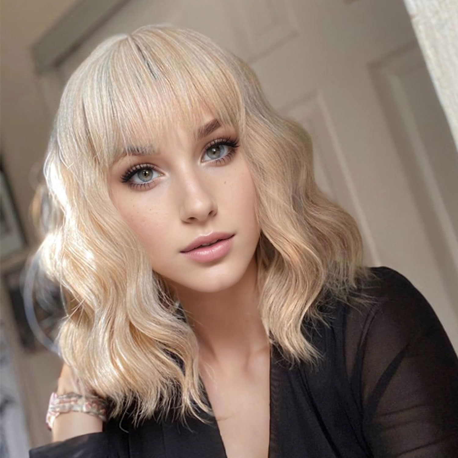 Vckovcko Natural Blonde Wigs With Air Bangs For Women Women'S Shoulder Length Wigs Curly Wavy Synthetic Blonde Wig With Bang Wig