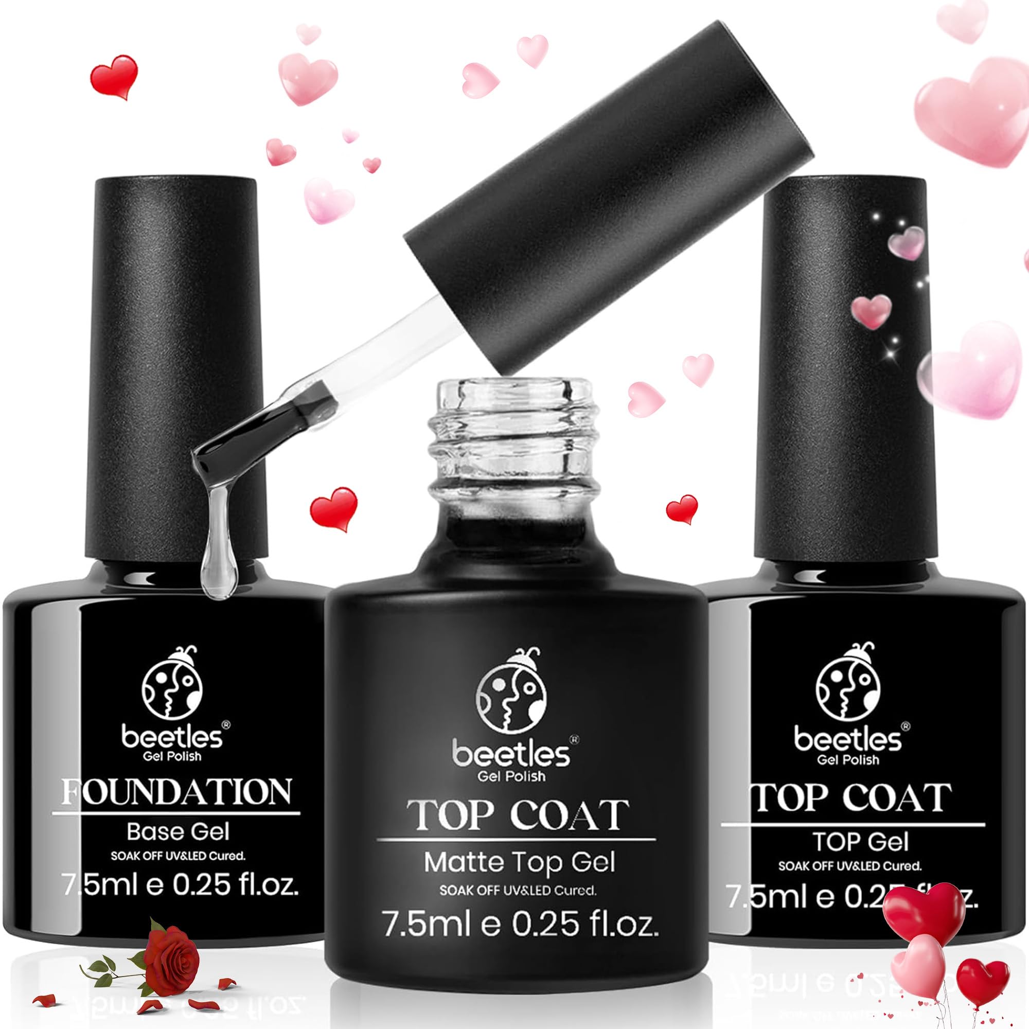 Beetles Gel Top Coat Base Coat Set for Gel Nail Polish, 3Pcs No Wipe Base Gel Matte & Shiny Top Coat, Long Lasting High Gloss an