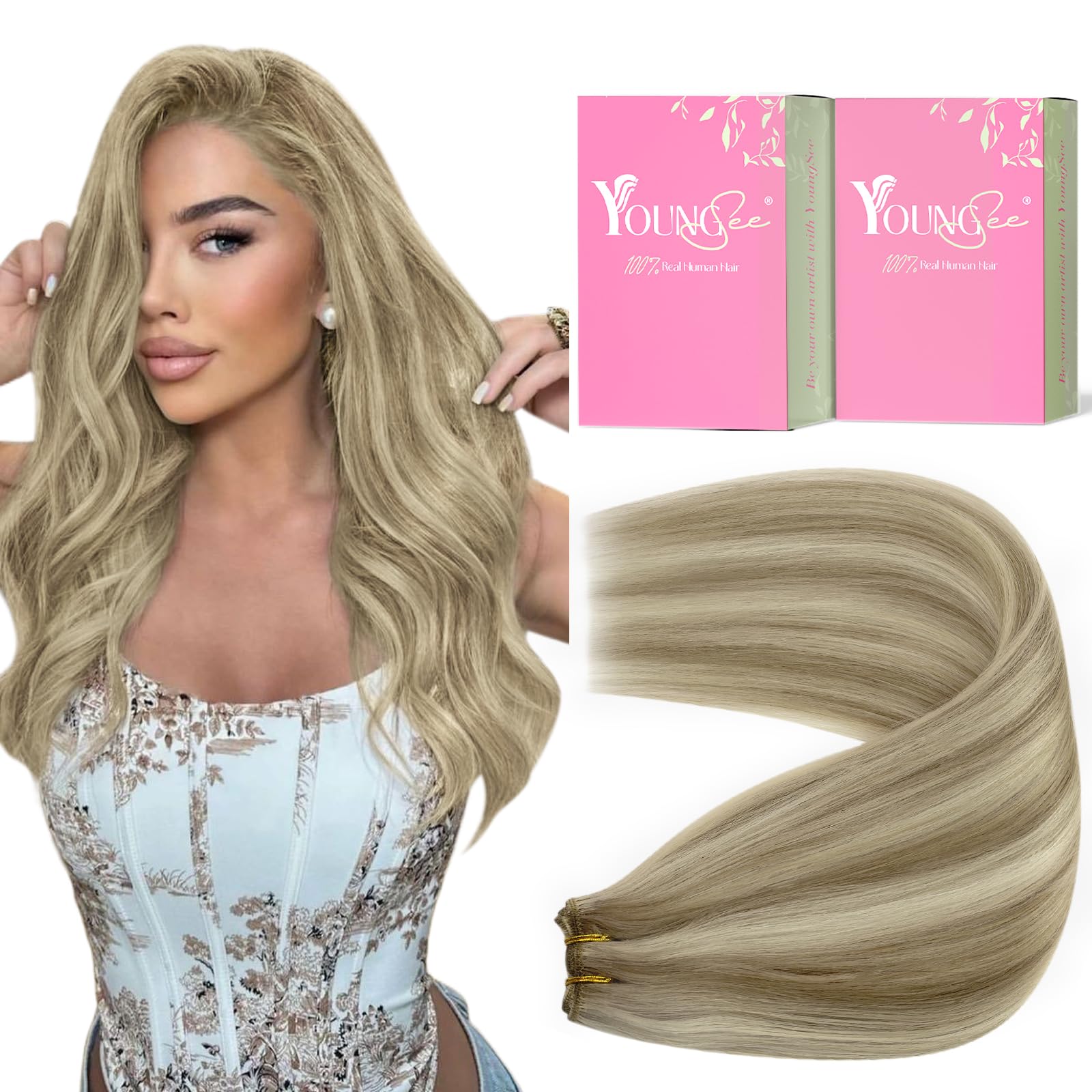 YoungSee 100G 14Inch Weft Hair Extensions Highlight Human Hair Weft Extensions Light Brown Highlight with Medium Blonde Sew in W