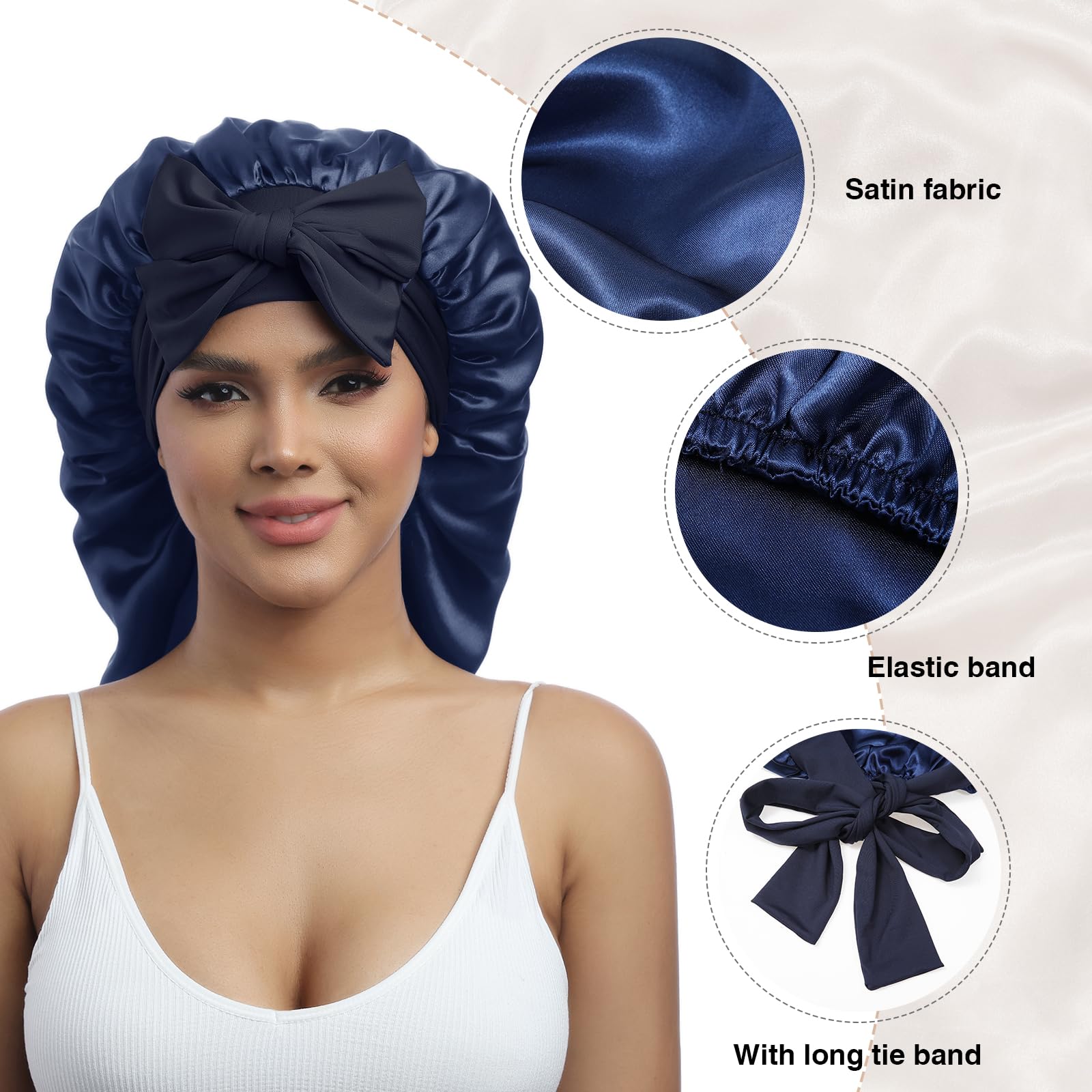 Awaytr Long Satin Bonnet For Braids - Elastic Silk Hair Bonnets For Sleeping Night Cap Stretchy Tie Band For Women(Navy Blue)