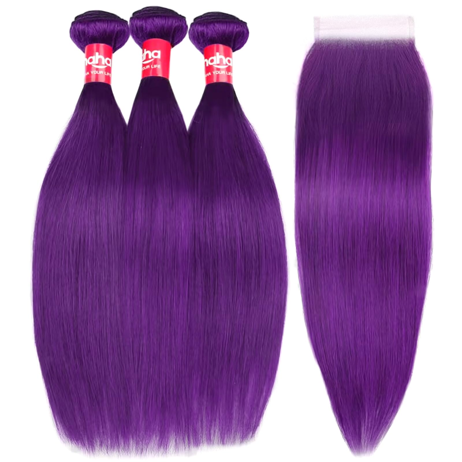 Haha Purple Bundles With Closure Human Hair Colored Purple Straight Weave Bundles Human Hair With Closure Free Part (16 18 20+16