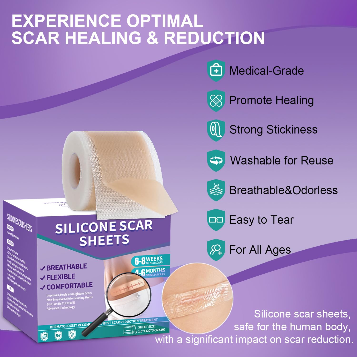 Mitgary Silicone Scar Sheets, Medical Grade, 1.6" x 120", Brown, Reusable for Keloids, Surgery Scars, C-sections, Burns