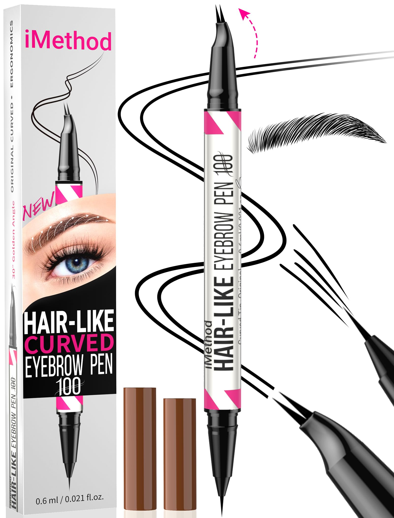iMethod Curved Eyebrow Pen - 2-in-1 Dual-Ended Eyebrow Pencil with Curved Tip and Precise Brush-Tip, Microblading Pen for Natura