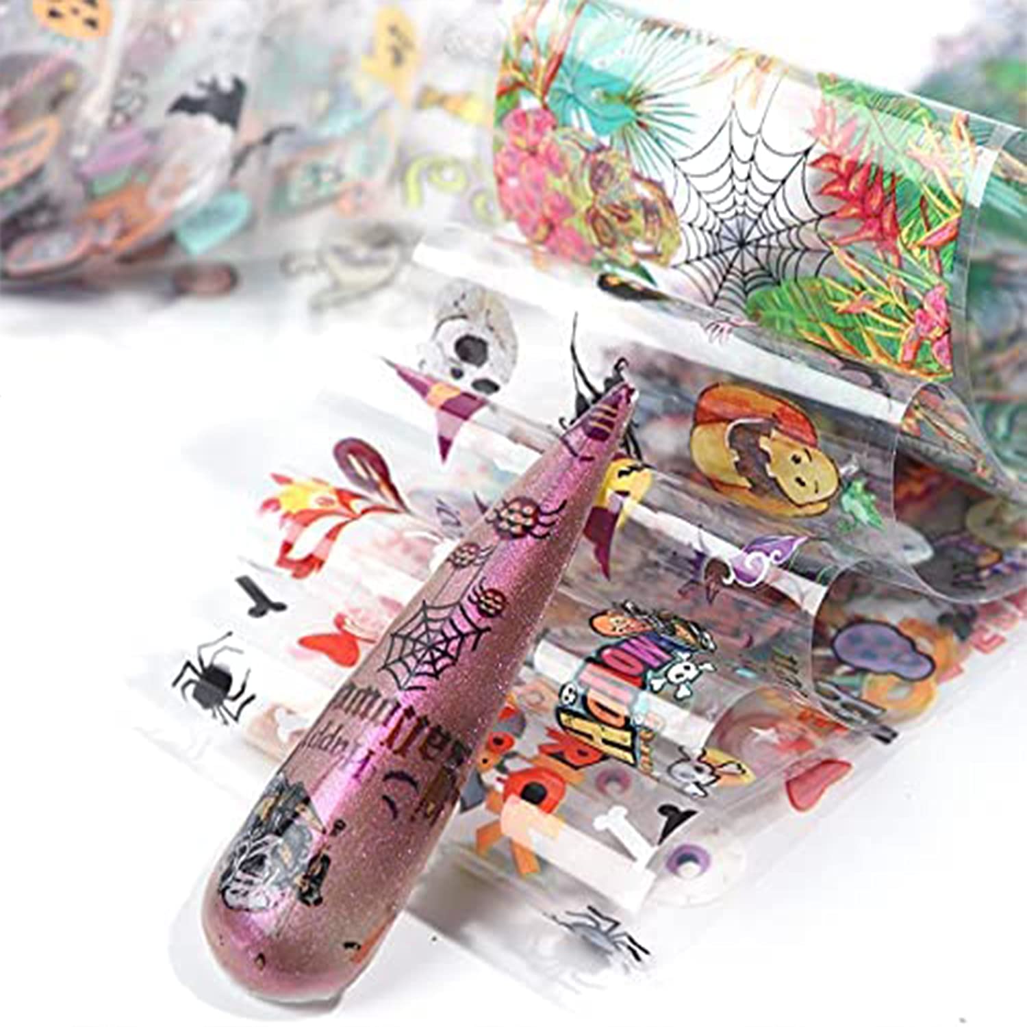 Halloween Nail Art Foil Transfers Stickers, Nail Art Supplies Pumpkin Spider Skull Bat Ghost Witch Pattern Nail Decal For Hallow