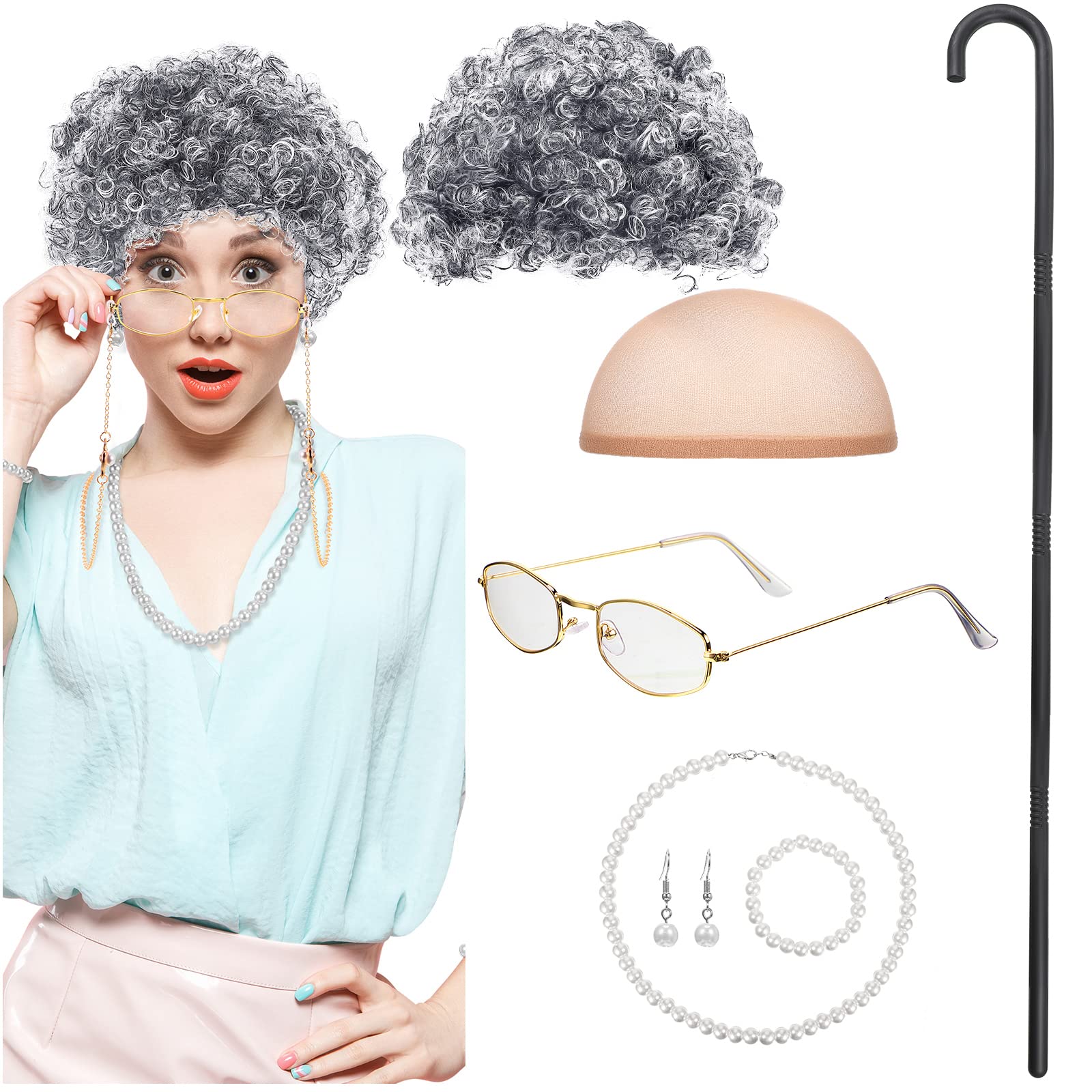 BBTO Old Lady Cosplay Set Grandma Gray Wig for Kids Women Walking Cane Glasses Chain Cords Faux Pearl Bead Necklace