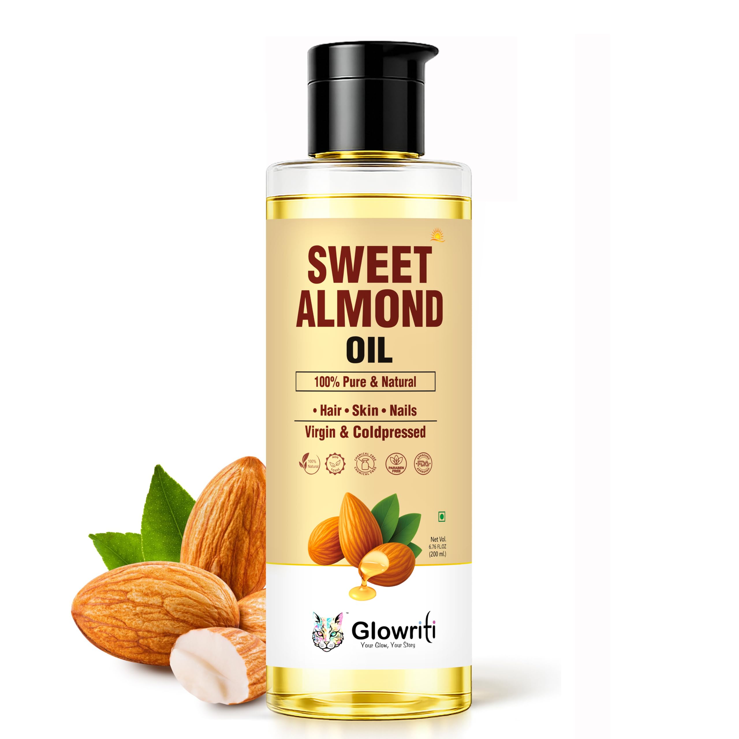 Glowriti 100% Pure & Cold Pressed Sweet Almond Oil For Skin & Hair Growth (200 Ml)