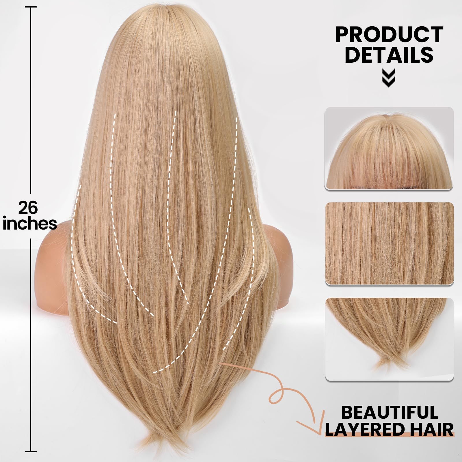 Emmor 613 Blonde Wig With Bangs For Women Long Straight Wigs Synthetic Layered Hairstyle For Girls Party Cosplay And Daily Use(2