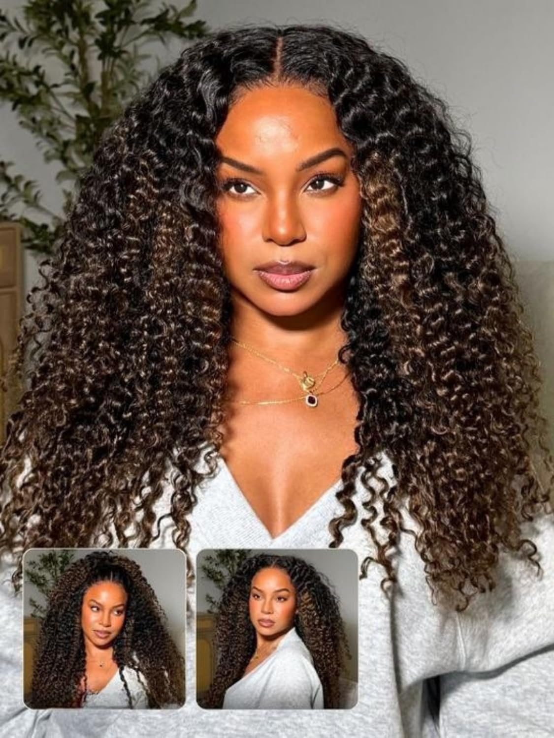 Nadula 7x5 No Slip Chestnut Brown Ombre Burmese Curly Drawstring Wig Human Hair with Finger Coil Ends,Pre Cut Glueless Bye Bye K