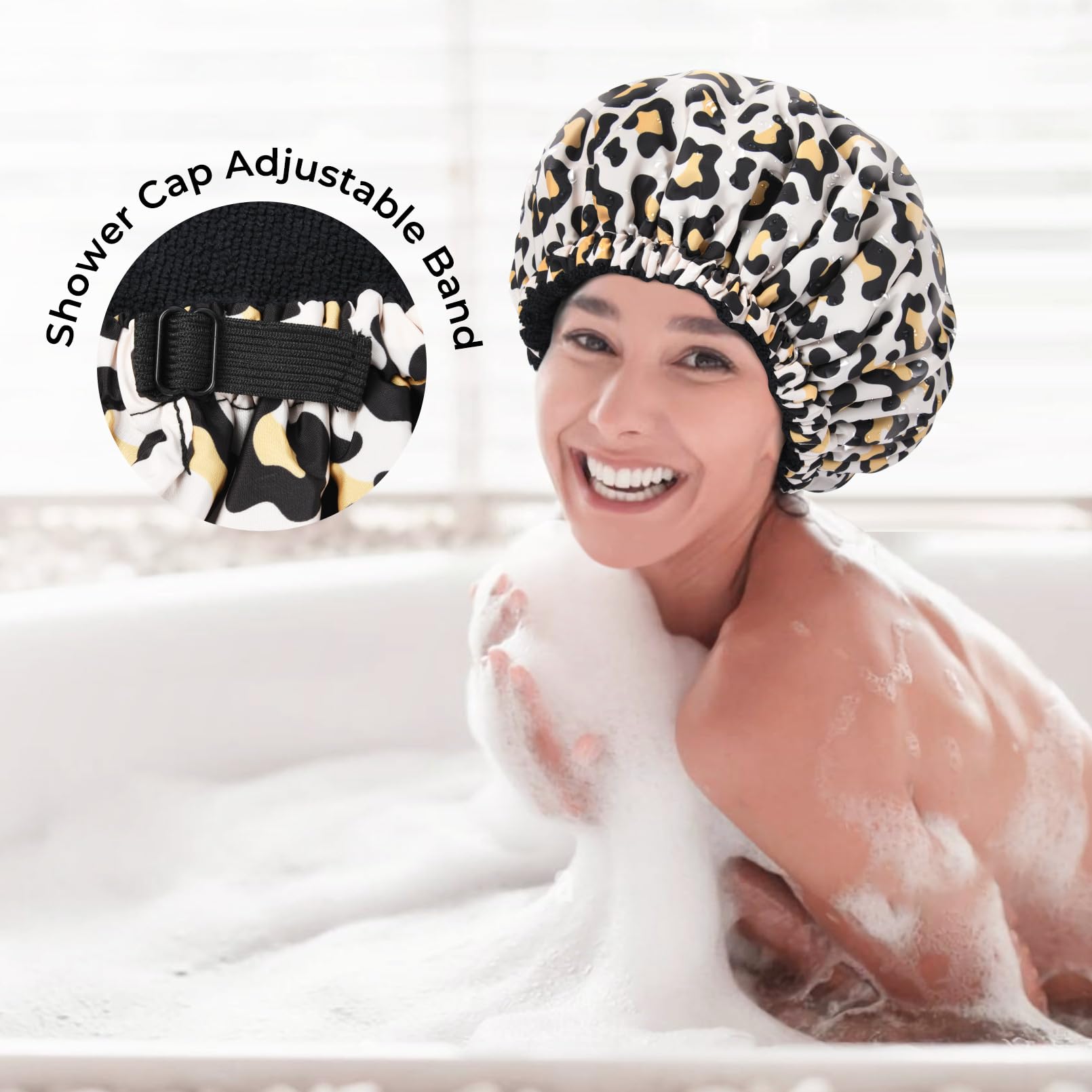 Shower Cap For Women Terry Lined Bath Cap Large Reusable Waterproof Elastic Band Leopard Shower Caps For Long Thick Hair Soft Ba