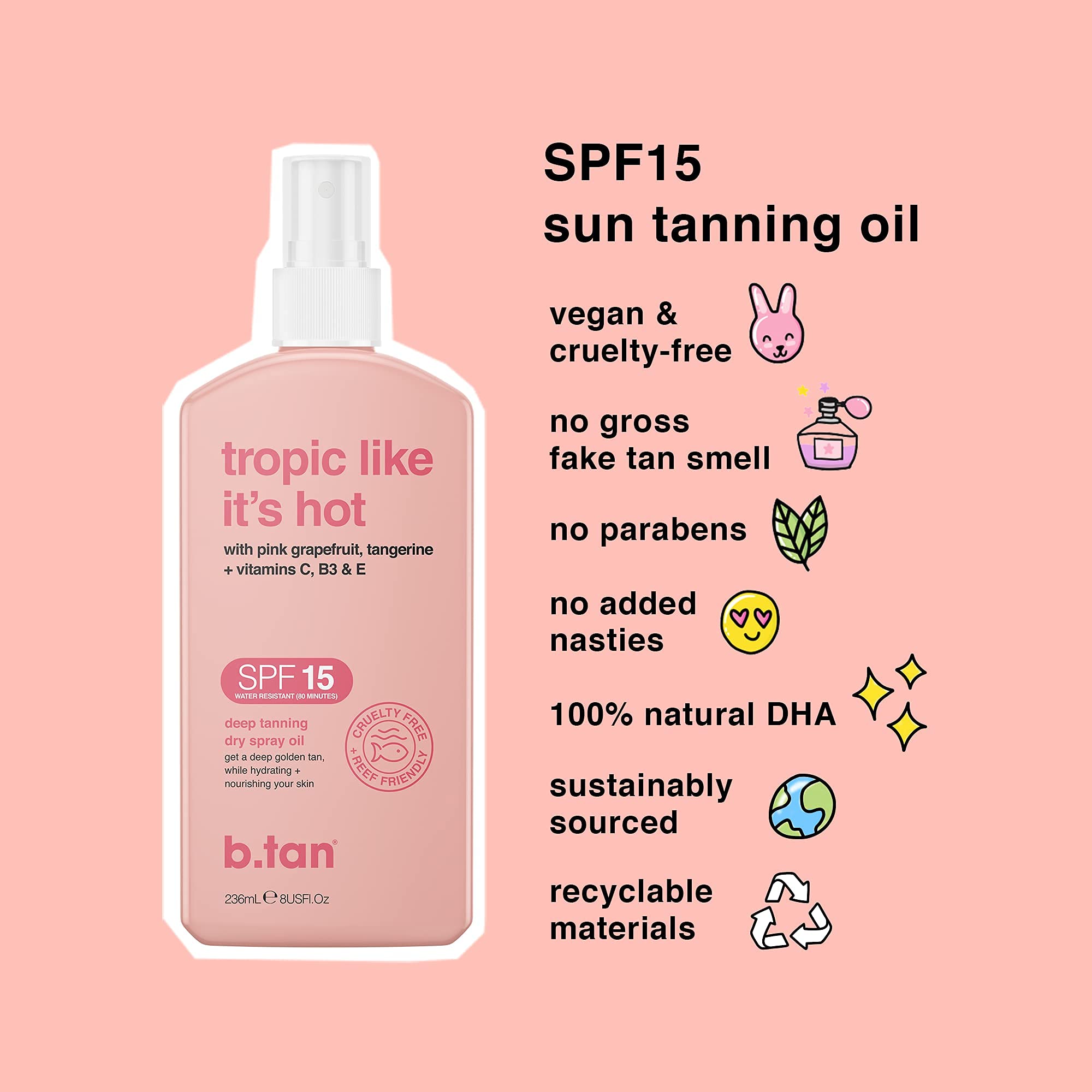 b.tan SPF 15 Deep Dry Spray Tanning Oil | Tropic Like It's Hot - Keeps Skin Hydrated & Hot from Grapefruit, Tangerine, Vitamins