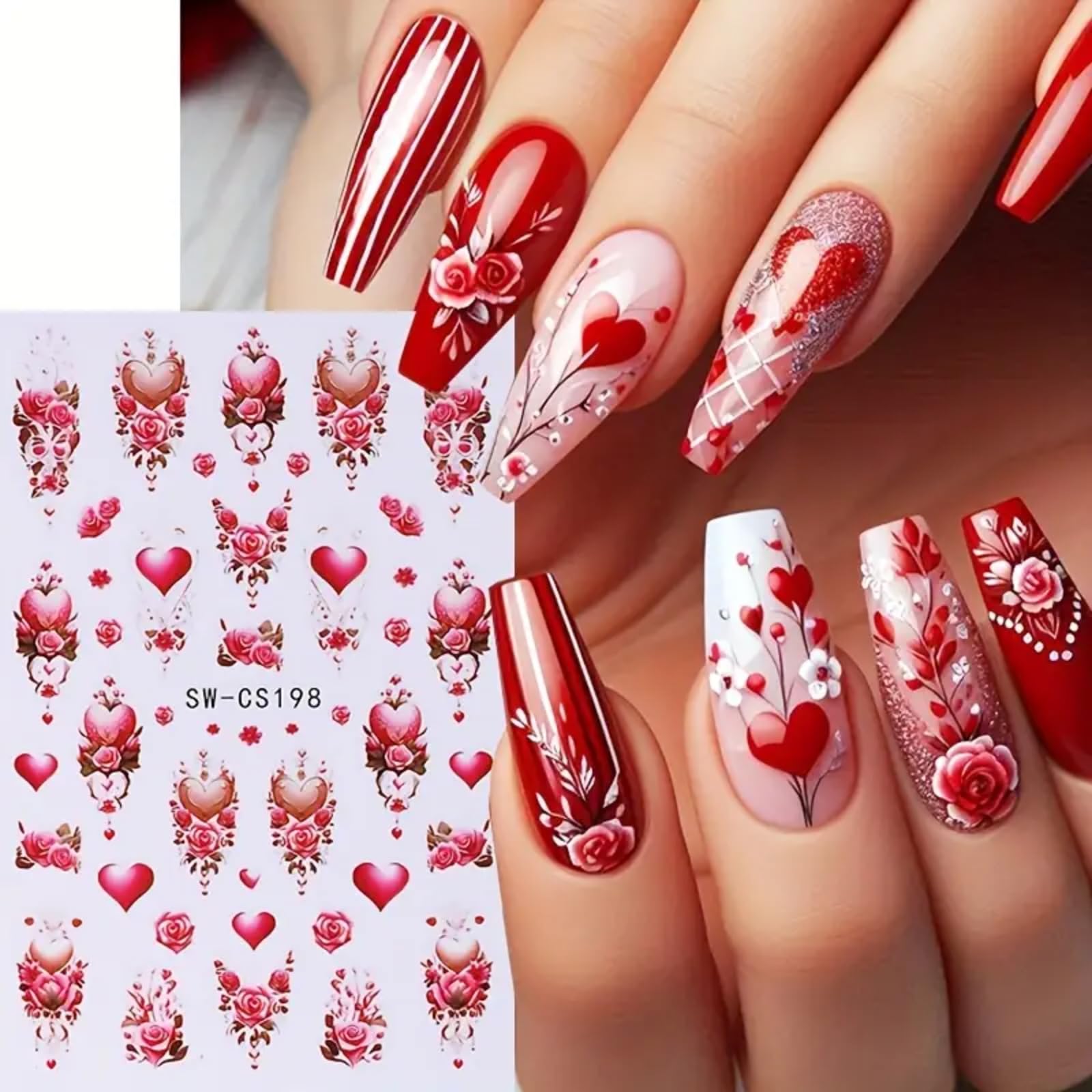 6 Sheets Valentines Day Nail Art Stickers 3D Self Adhesive Hearts Rose Love Car Nail Decals Romantic Design Acrylic Nail Sticker