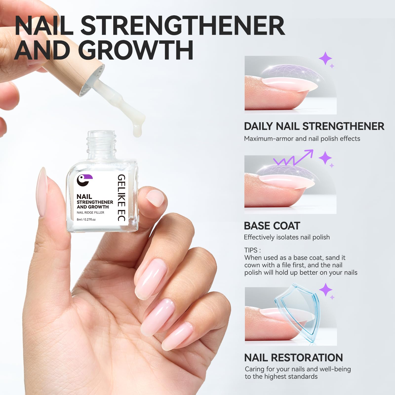 Gelike Ec Nail Ridge Filler: Natural Nail Growth Treatment For Weak And Damaged Nails, Protein Nail Hardener For Home Salon Work