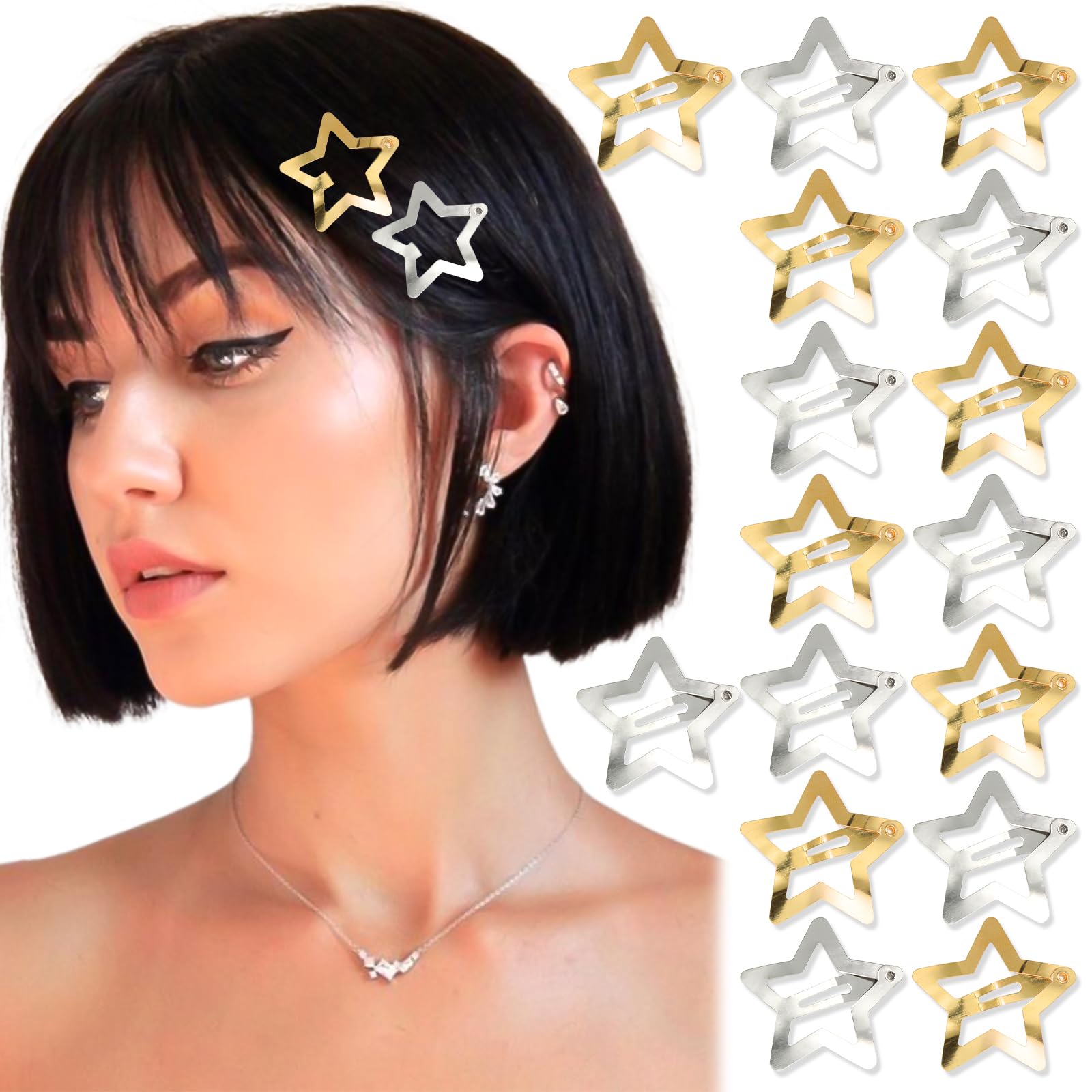 NAISKA Gold&Silver Star Hair Clips 20PCS Snap Star Hair Accessories Non Slip Star Clips 2000s Y2K Accessories Metal Alloy Star H