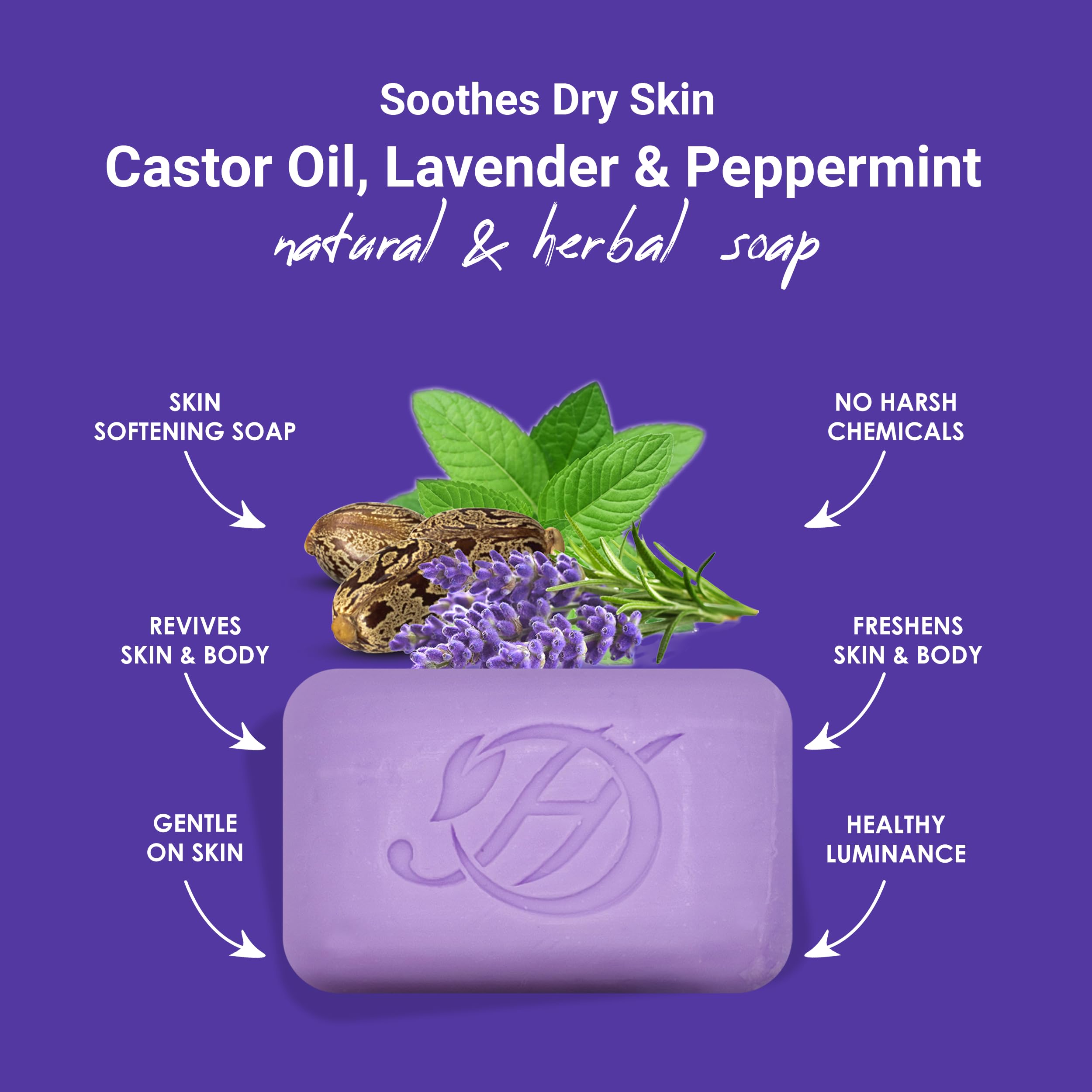 HERBOGANIC Castor Oil, Lavender and Peppermint Herbal Soap | Natural Bar Soap for Face and Body | Soothes Dry Skin | Infused wit