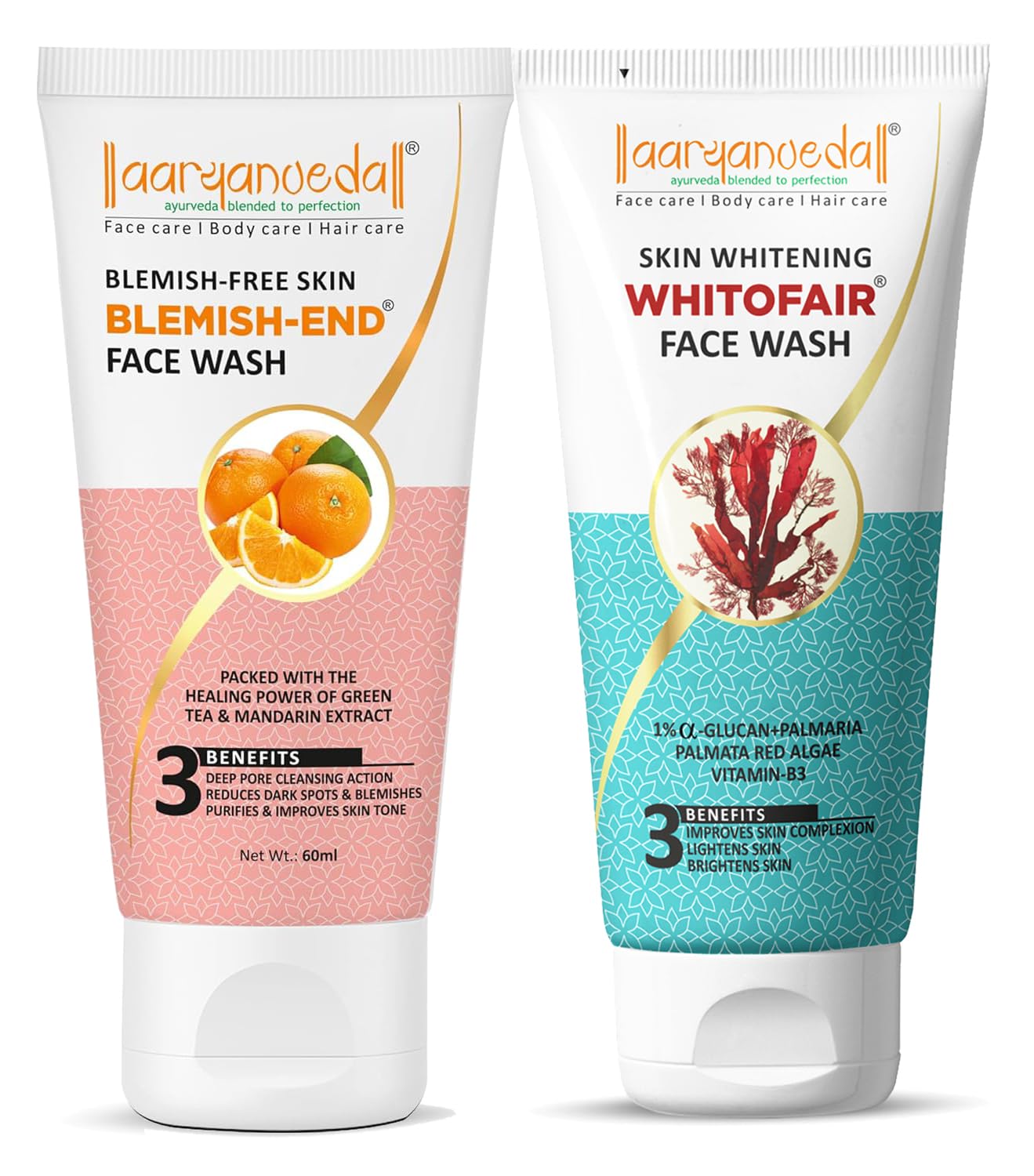 Aryanveda Blemishend Face Wash (60Ml) & Whitofair Unisex Face Wash (60Ml) - Brightens Skin, Uv Absorption & Melanin Regulation |