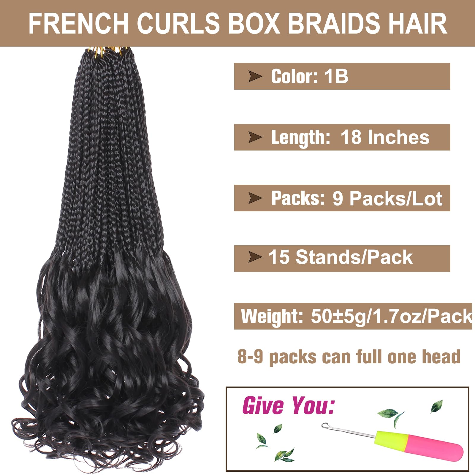 COOKOO 18 Inch 9 Pack Pre Looped French Curly Box Braids Crochet Hair Natural Black French Curl Braiding Hair with Curly Wavy En