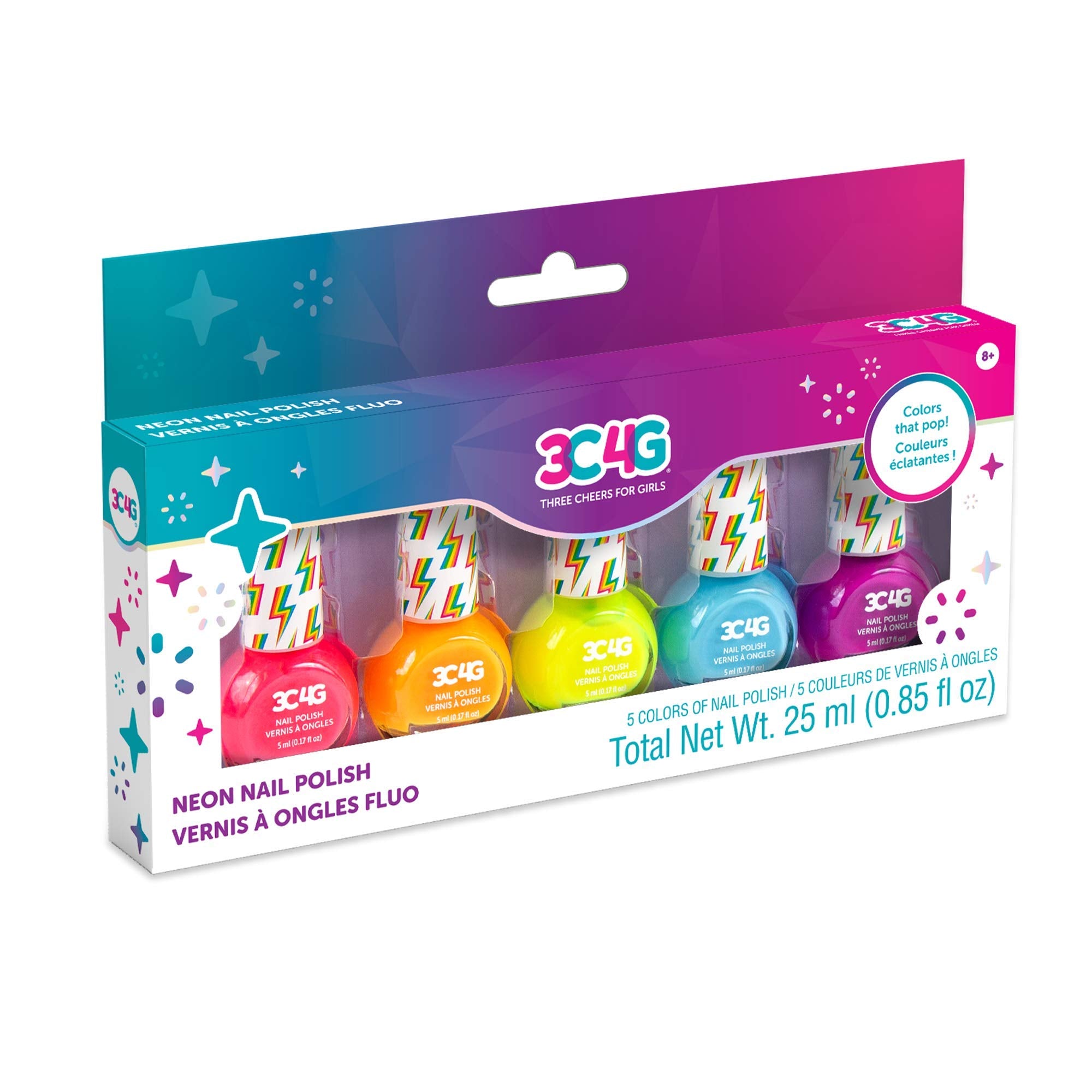 3C4G Neon Nail Polish Set - Quick Dry Nail Polish For Girls - Includes 5 Neon Colors - Non-Toxic Nail Polish Kit For Kids Ages 8