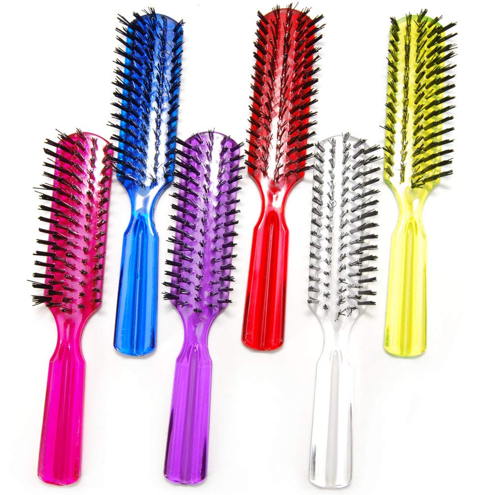 LUXXII (6 Pack) 7.5 Plastic Color Handle Nylon Bristle Brush Hair Pocket Comb Designed for All Hair Types (Assort Color)
