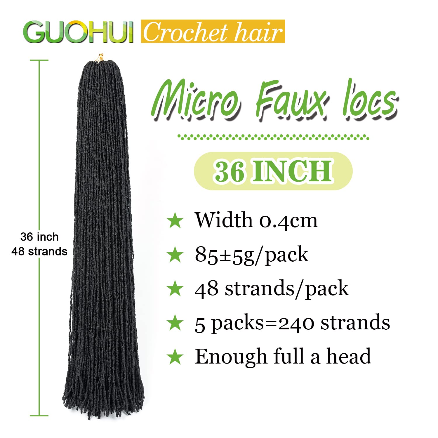 Guohui Micro Faux Locs Crochet Hair, 36 Inch 5 Packs Color Jet Black Diy Braids Straight Styles (36'',1)