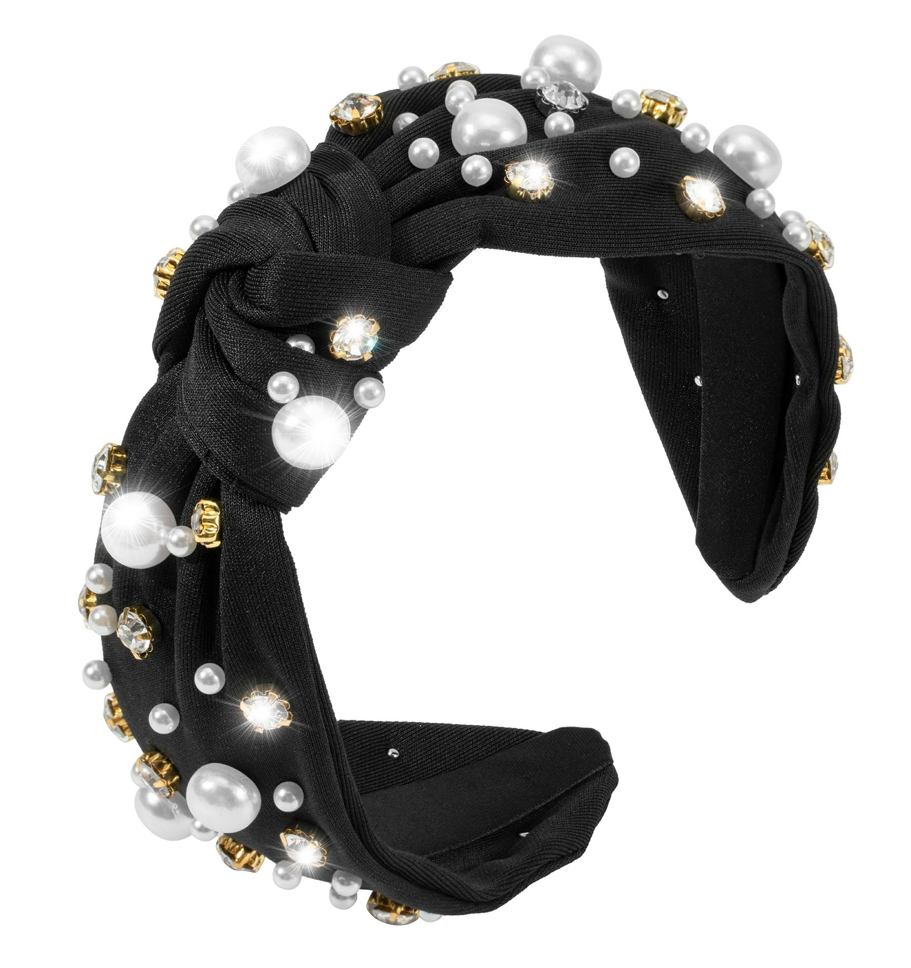 Pearl Knotted Jeweled Black Headband for Women Pearl Rhinestone Crystal Embellished Hairband Fashion Elegant Ladies Wide Top Kno