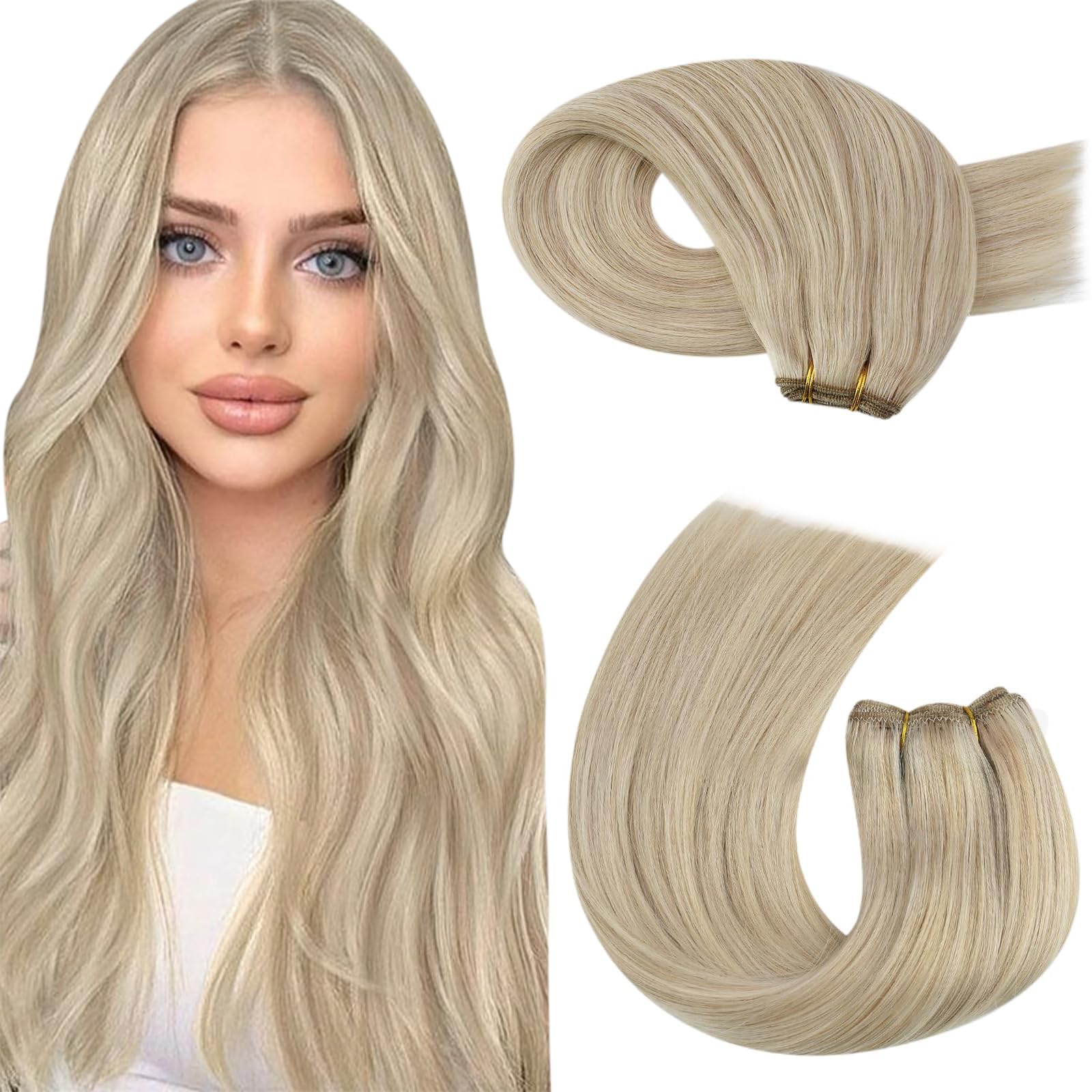 Moresoo Sew In Hair Extensions Real Human Hair Blonde Highlight Weft Extensions Human Hair Ash Blonde With Blonde Sew In Weft Hu