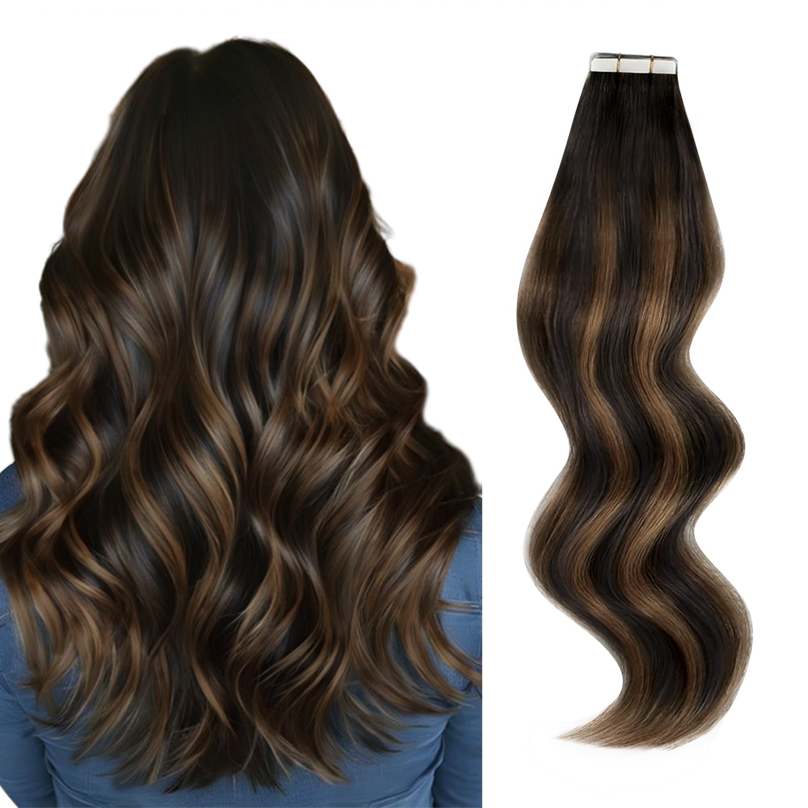 Abh Amazingbeauty Hair 20 Inch Hair Extensions Real Human Hair Tape In Rooted Darkest Brown Highlighted Chestnut Brown Tape In H