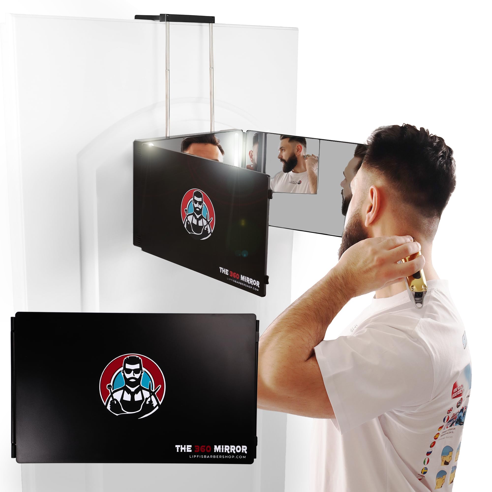 The 360 LED Mirror - Adjustable Telescoping Hooks, Perfect Self Haircut Mirror for Men - 3 Way Mirror for Hair Cutting - Mirror