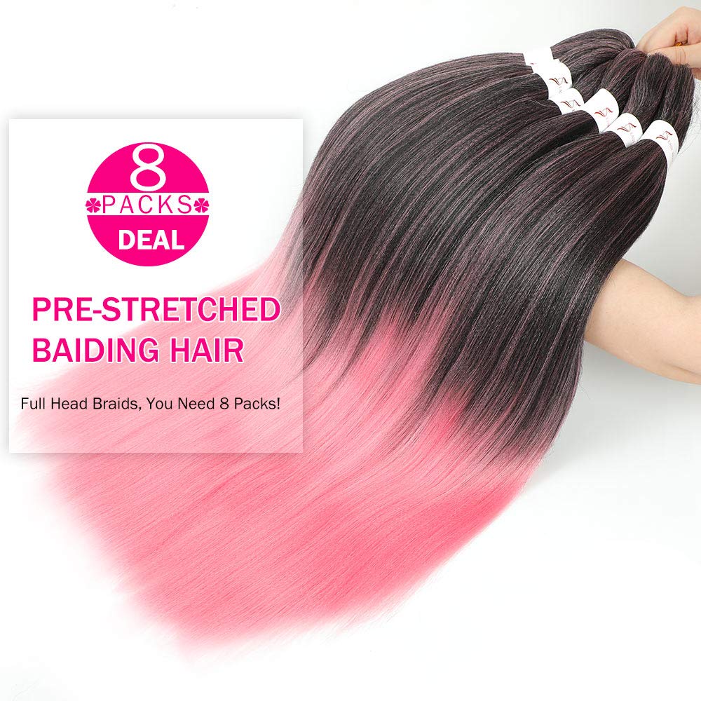Braiding Hair, 20 Inch 8 Packs Pre-Stretched Braiding Hair, Pink Prestretched Braid Hair, Soft Colourful Synthetic Hair For Huma