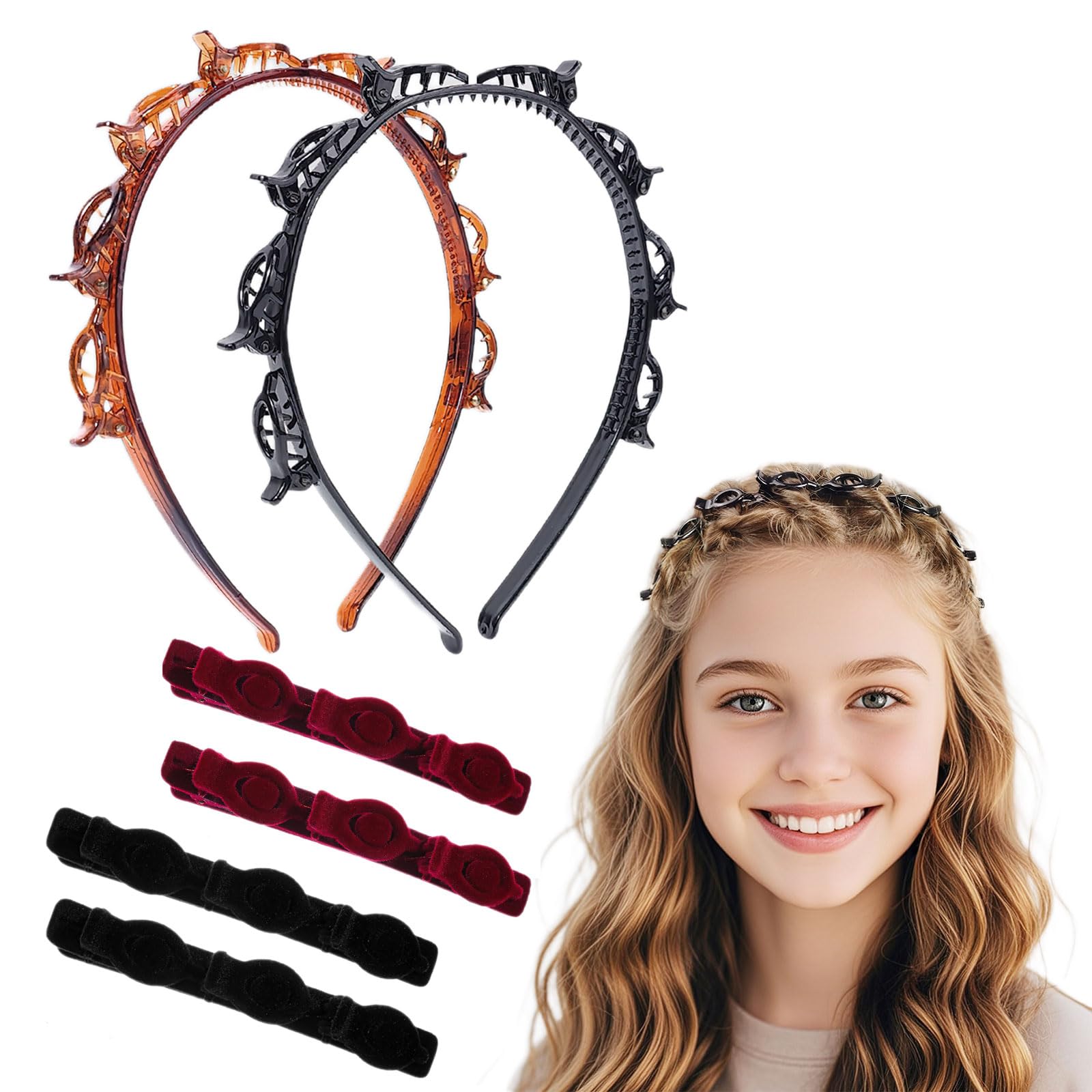 Hrnytdek 6 Pcs Hairband with Clips, Multi Layer Hollow Band Double Bangs Hairstyle Hairpin Headband, Professional Weave Clip for