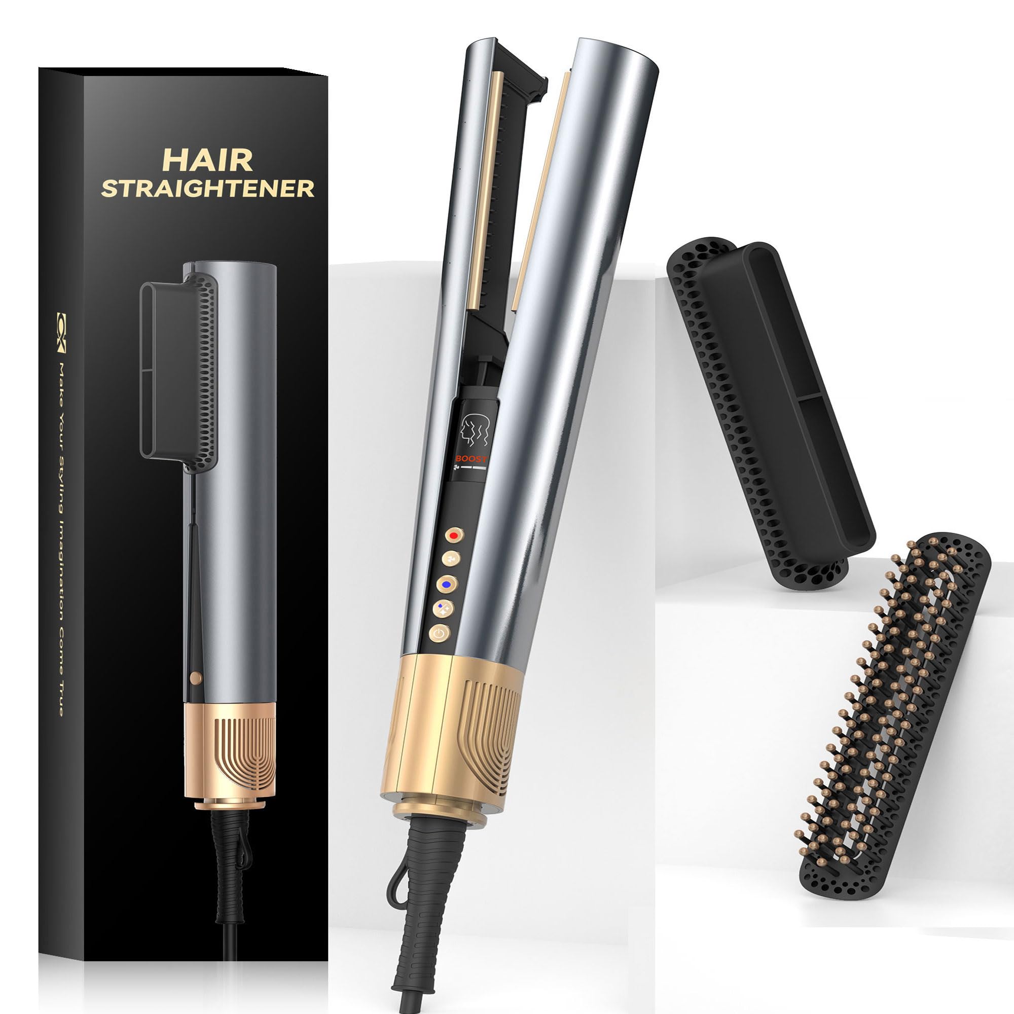 Hair Straightener 3 in 1 Wet to Dry HighSpeed Airflow, Air Straightener Hair Dryer 2 Interchangeable Tool, No Heat Damage LCD D