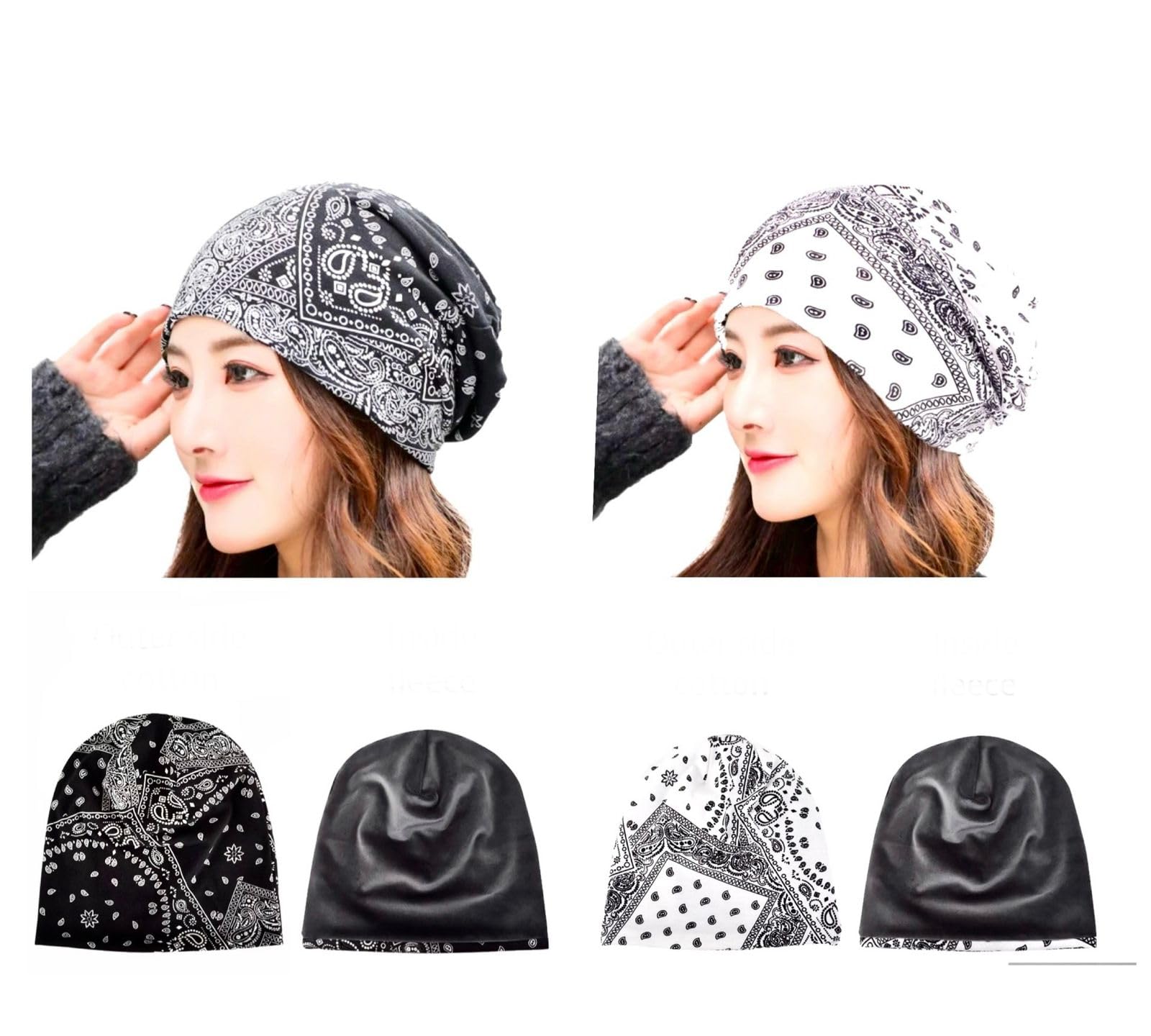 Future Tabs Baggy Paisley Printed Bandanna Cap For Men & Women  Black & White Combo | Winter Cap With Fleece | Aesthetic Unisex