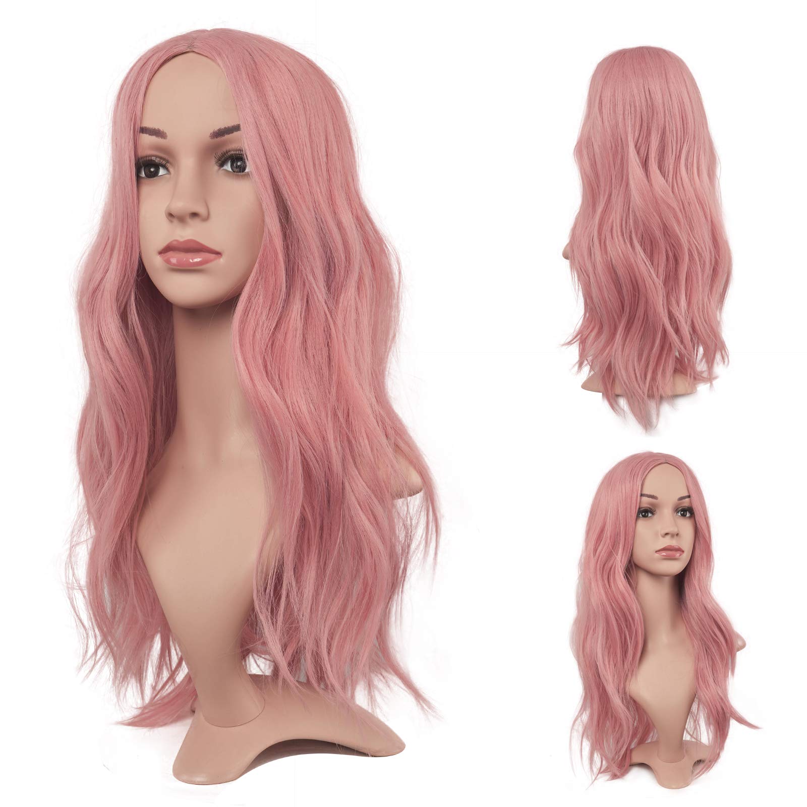 Feshfen Long Pink Wigs For Women 22 Inch Curly Wavy Full Wig Middle Parting Wigs Natural Looking Synthetic Wig Extensions For Da