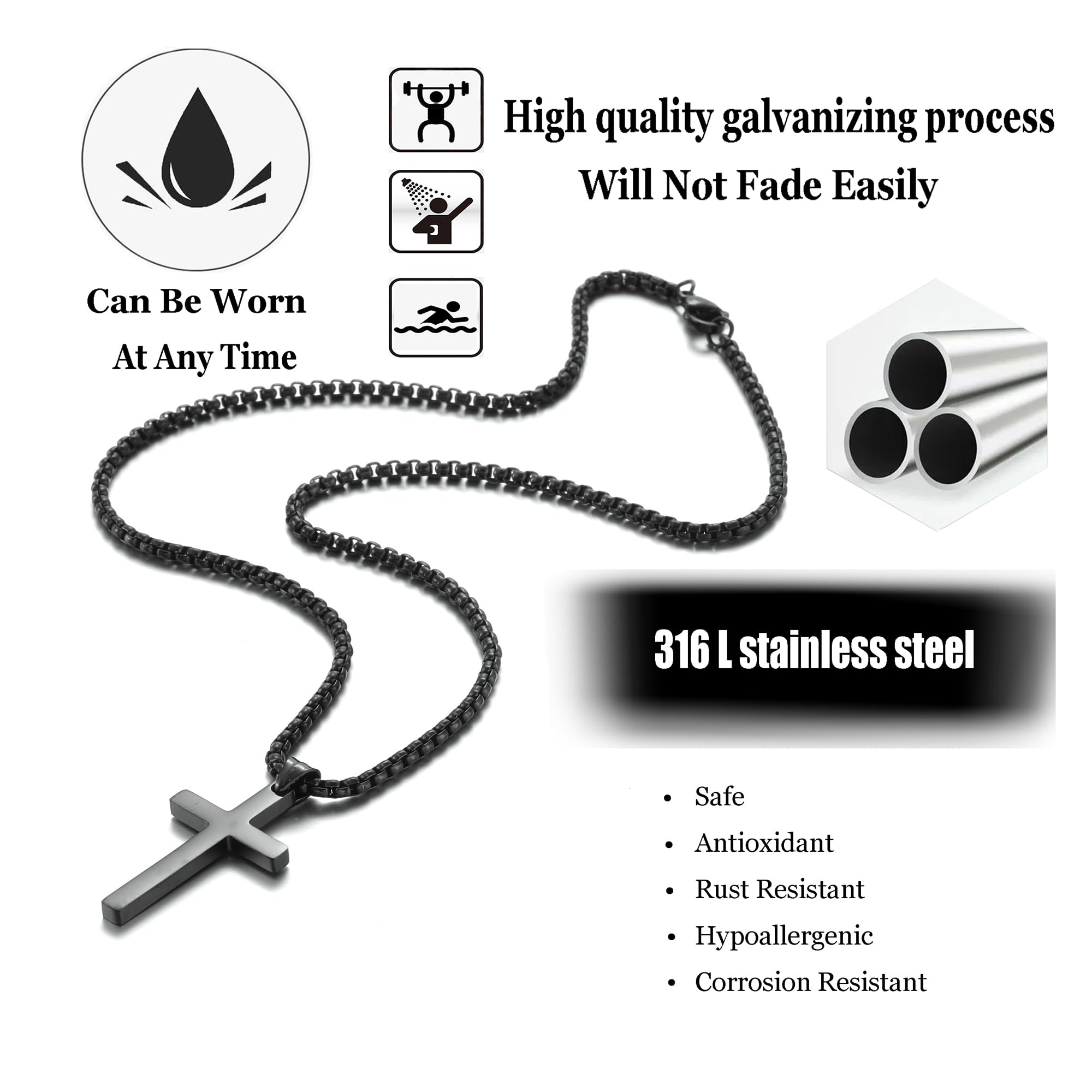 Stainless Steel Cross Necklace for men,Black Cross Necklace for boys kids tiny Small Cross Pendant Necklace 24 inches Simple Jew