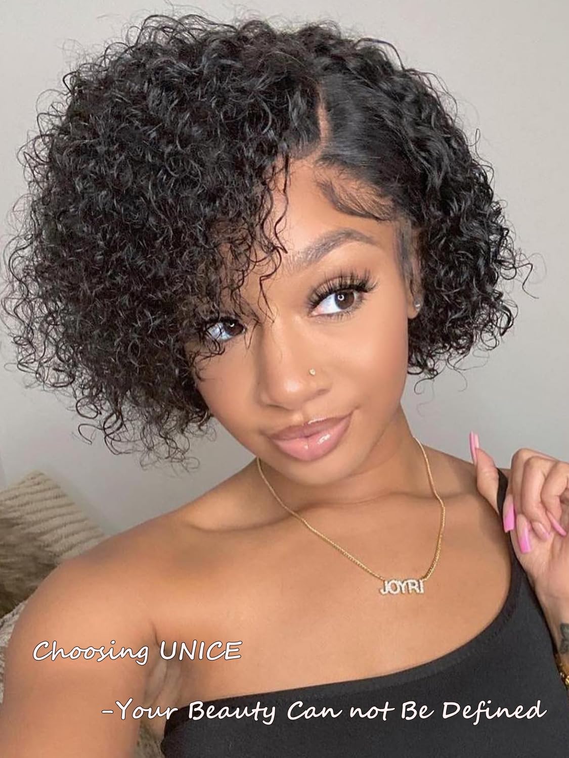 UNICE 10" Short Curly Bob Wig - Human Hair, Pre-Plucked, Glueless, HD Lace Closure, Black Color