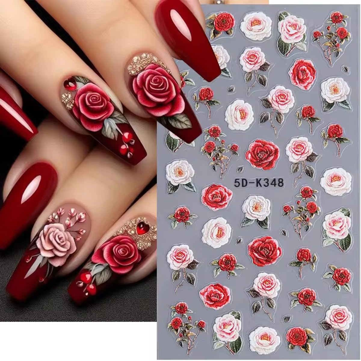 Flower Nail Art Stickers 5D Embossed Rose Flowers Nail Decals 4Pcs Black Red Pink Rose Floral Valentines Nails Design Self-Adhes