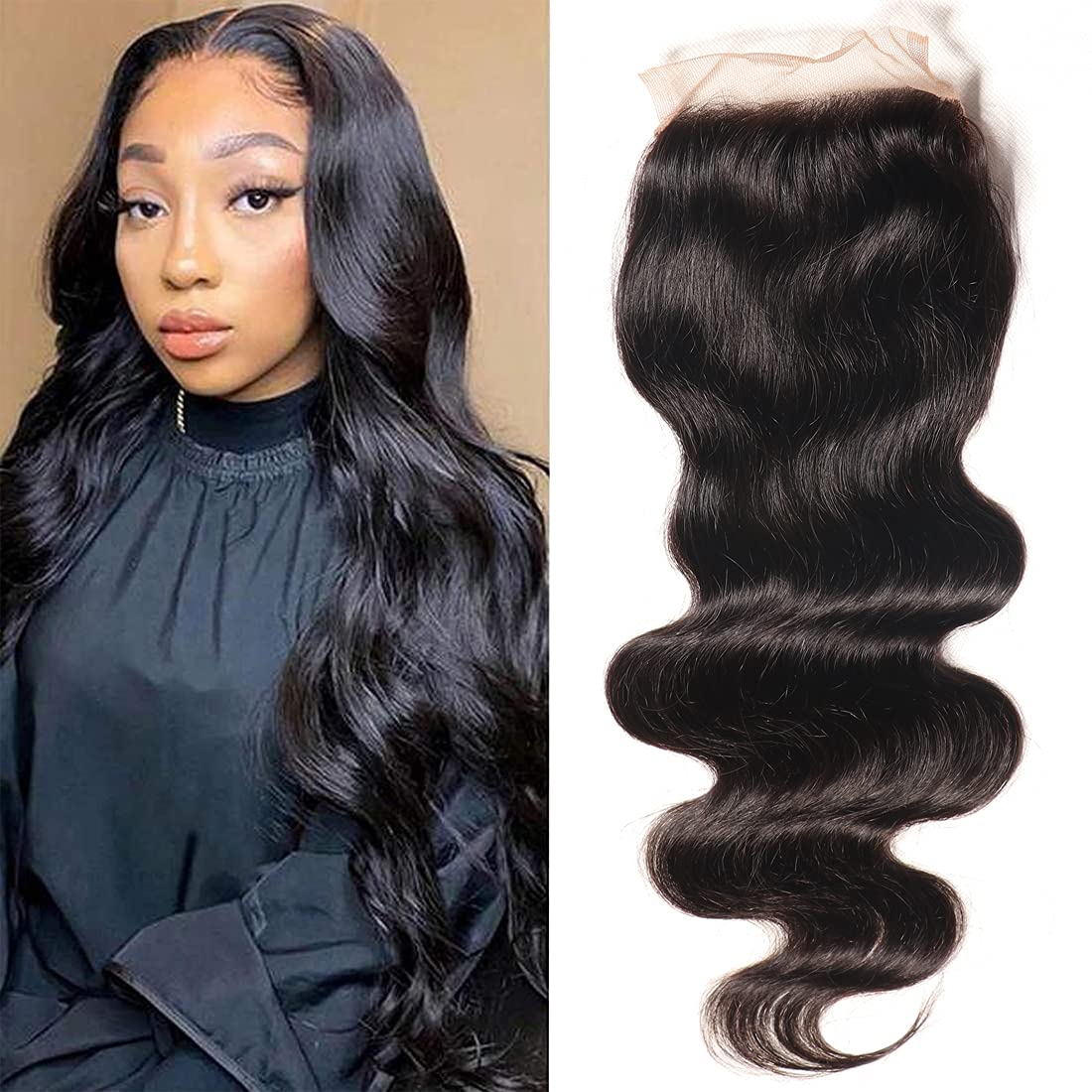 UNice Hair Body Wave 4x4 lace Closure Free Part, Unprocessed Brazilian Human Virgin Hair Swiss Lace Closure Natural Black Color