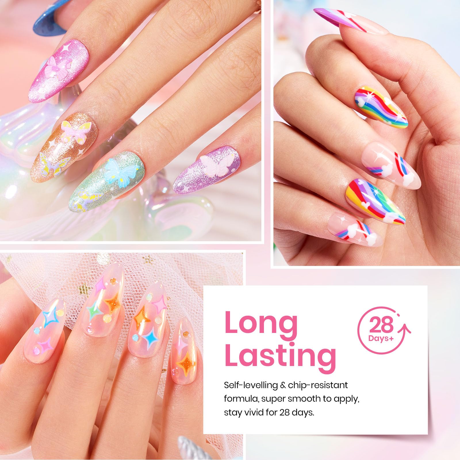 Beetles Spring Gel Nail Polish Set, 24 Pcs 20 Colors Rainbow Pastel Neon Cat Eye Pink Purple Glitter Red Green Gel Nail Polish K