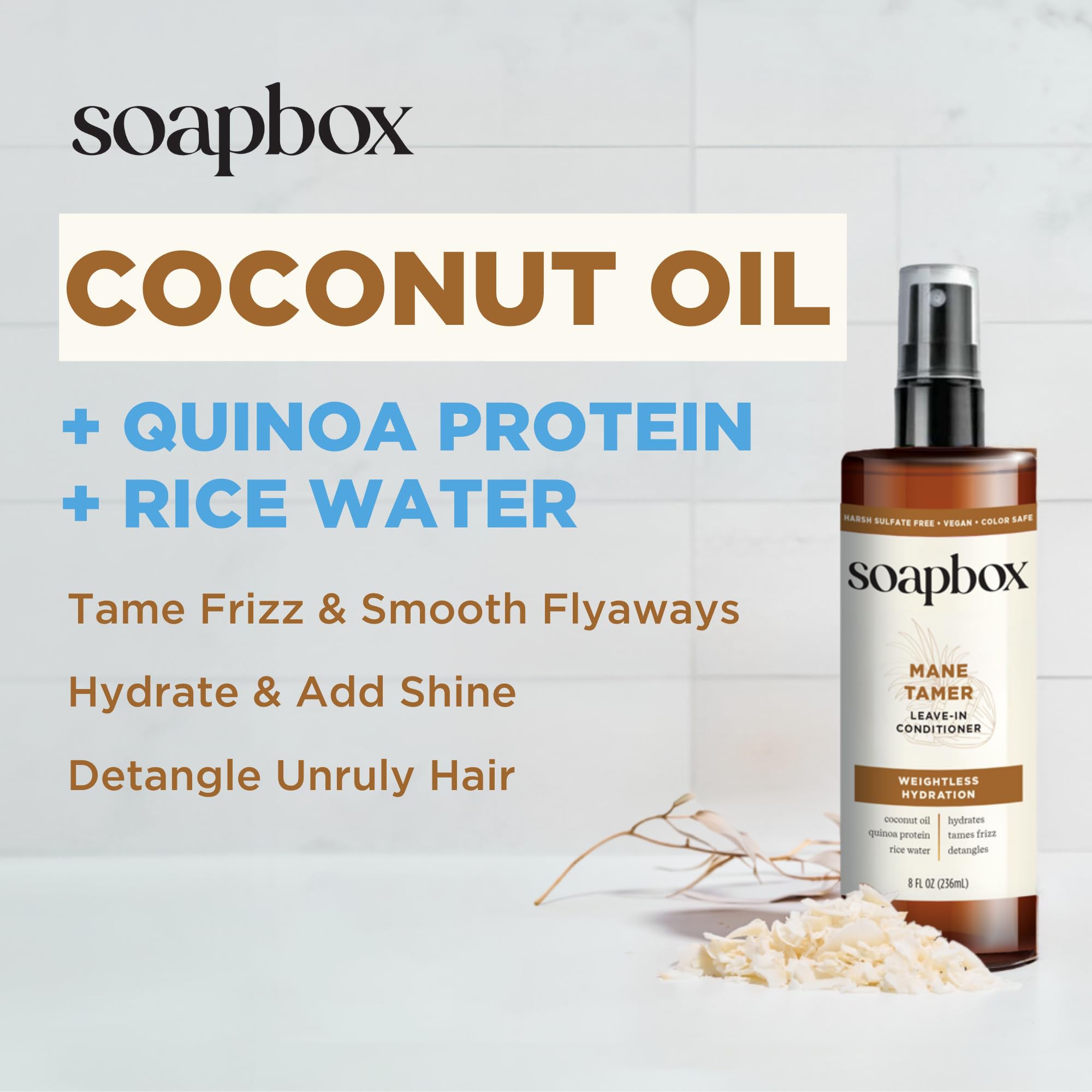Soapbox Leave-In Conditioner, Mane Tamer, Leave in Conditioner Spray to Tame Frizz, Smooth Fly Aways, Hydrate, Add Shine & Detan