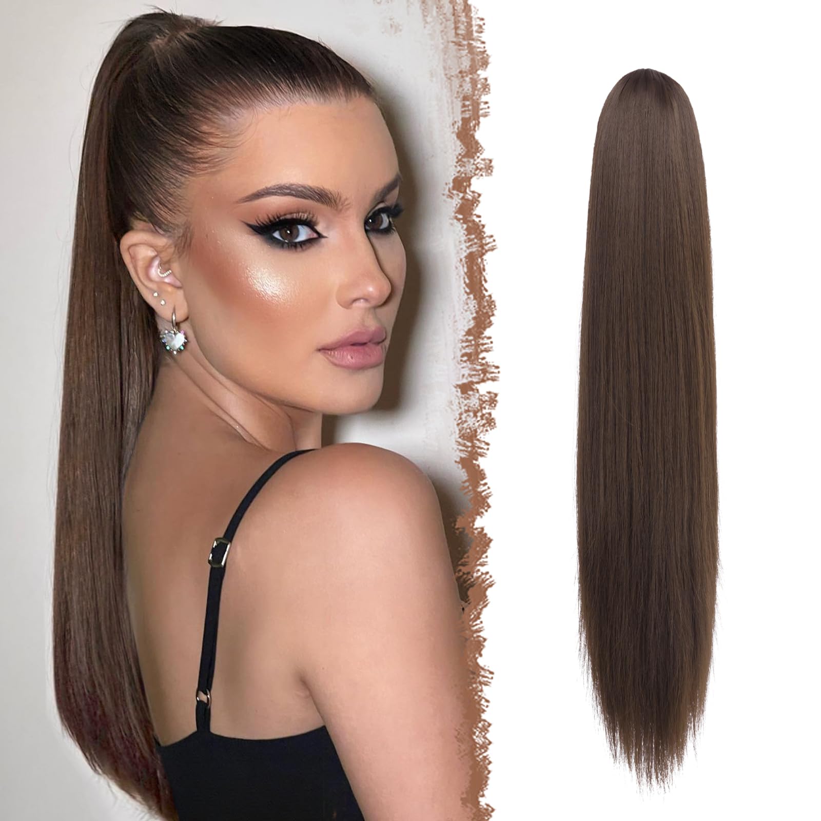 Feshfen Drawstring Ponytail Extensions Natural Long Straight Clip In Synthetic Hair Pieces Drawstring Ponytails Hairpieces For W