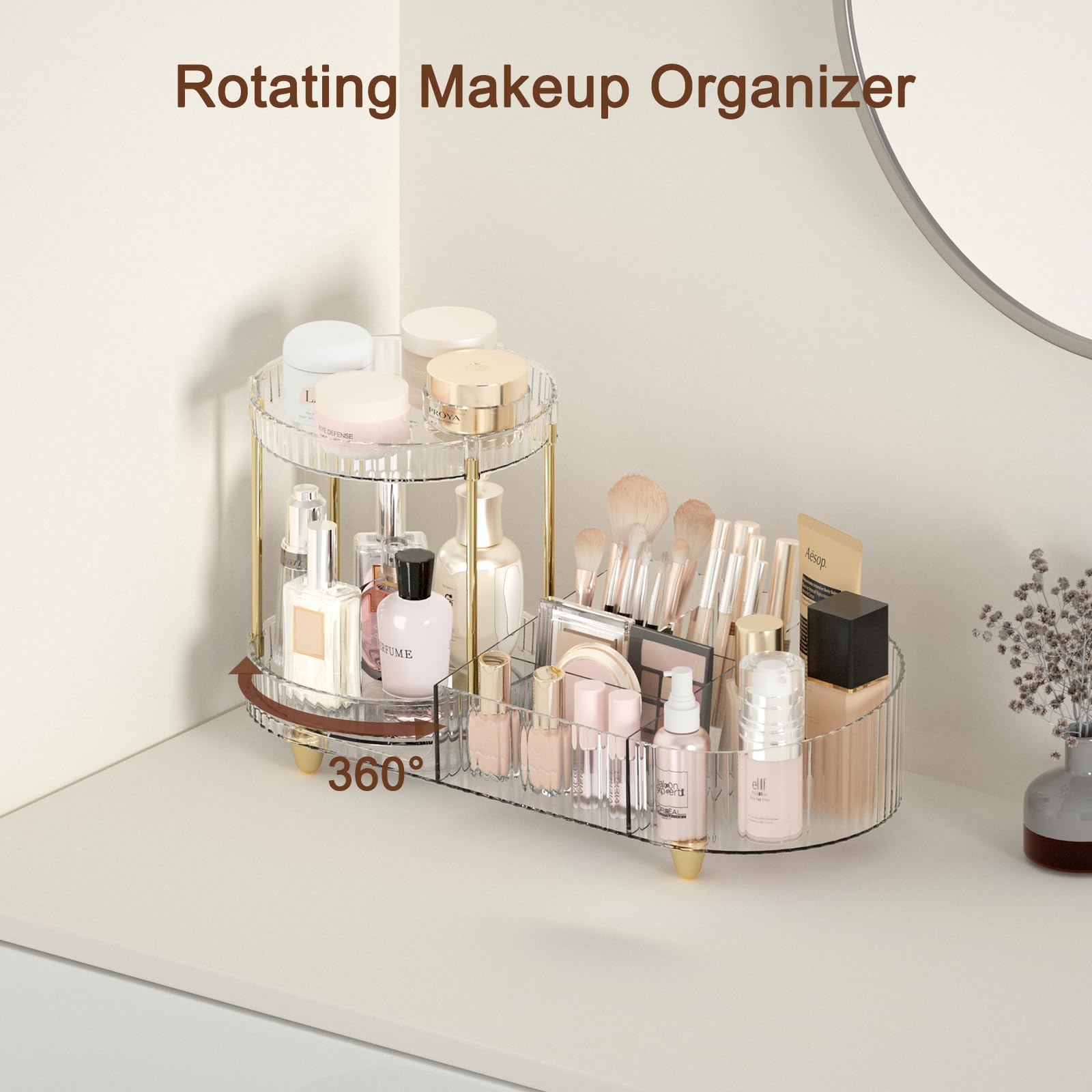Makeup Organizer Countertop For Vanity, Rotating Perfume Tray With 5-Compartment Cosmetic And Skincare Organizers, Multi-Purpose