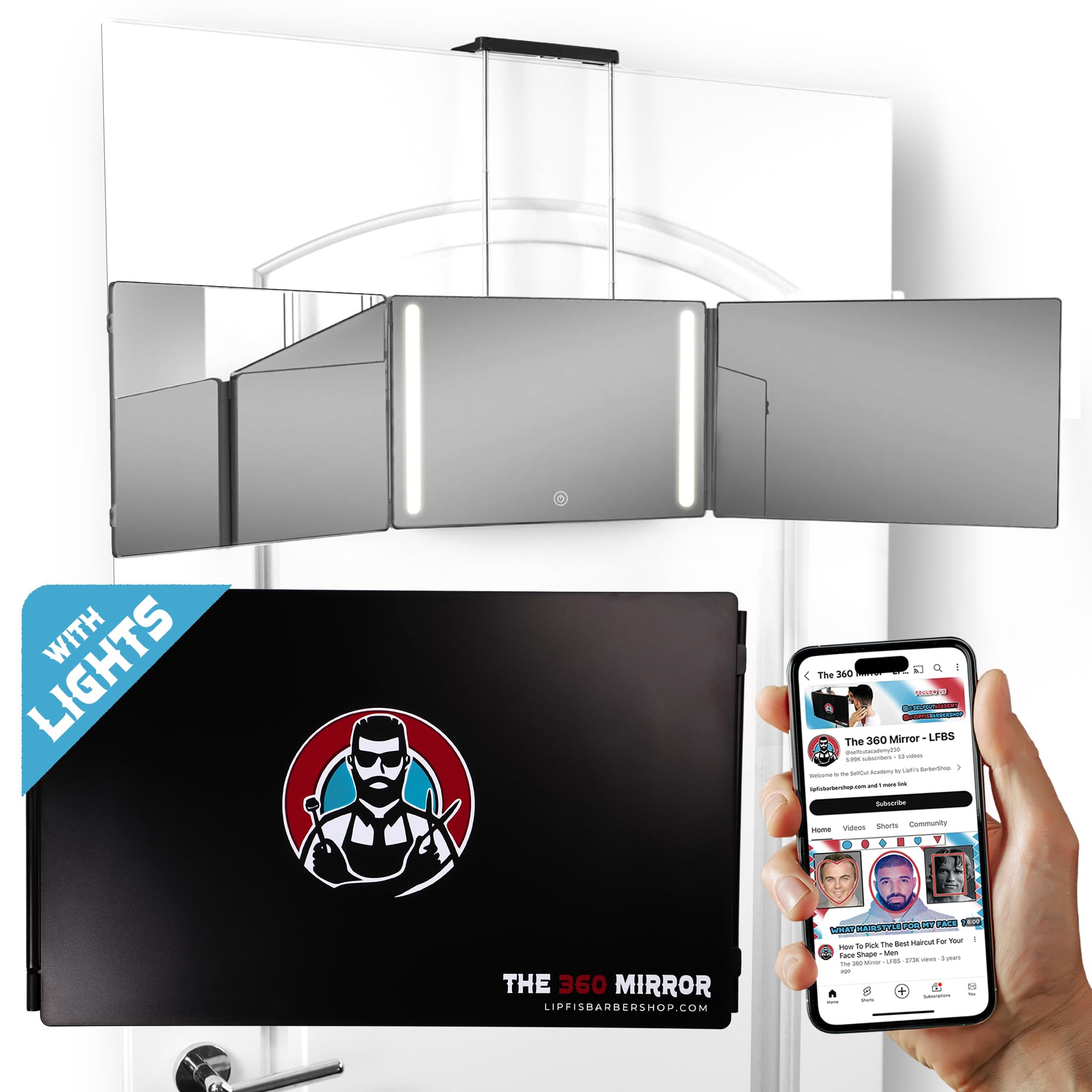 The 360 LED Mirror - Adjustable Telescoping Hooks, Perfect Self Haircut Mirror for Men - 3 Way Mirror for Hair Cutting - Mirror