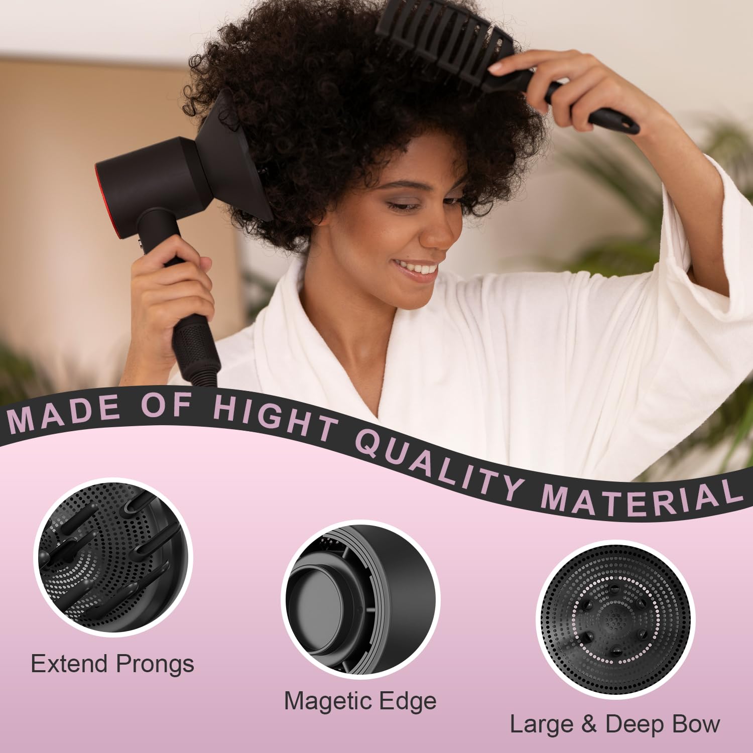 Hair Trends 360° Rotating Magnetic Hair Diffuser Attachment for Laifen & Dyson Airwrap - Black, Model ZCY883, Only Hair Diffuser